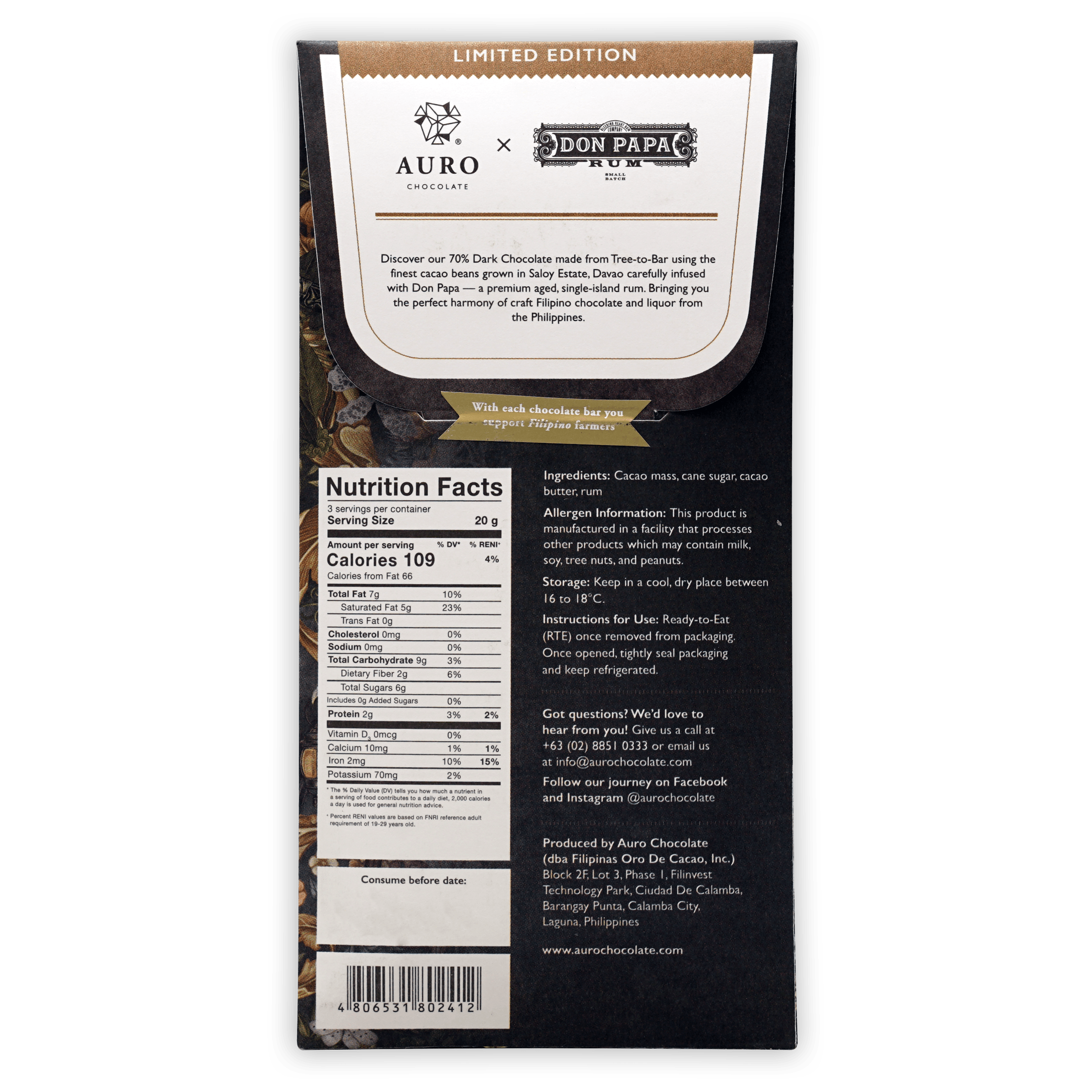 Premium Auro x Don Papa Rum Infused 70% Dark Chocolate Bar - Limited Edition Gourmet Treat for Special Occasions & Gift Giving