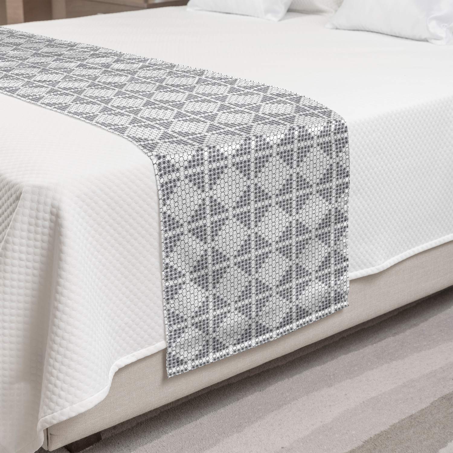 Ambesonne Abstract Bed Runner - Modern Geometric Design with Bubbles & Circles in Grey & White | Decorative Bed Scarf for Hotels, Homes & Guestrooms | Perfect for Bedroom Styling & Accent Decor