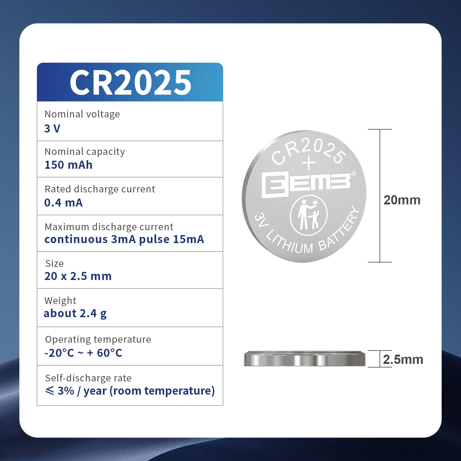 EEMB 20 Pack CR2025 3V Lithium Coin Cell Batteries - Long Lasting Power for Key FOBs, Calculators, Watches, Medical Devices & More | Ideal for Home, Office, Healthcare & IoT Devices