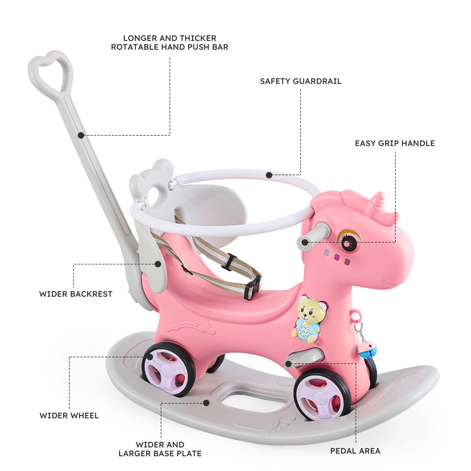 4 in 1 Rocking Horse & Balance Bike for Toddlers 1.5-3 Years Old - Push Handle Ride On Toy with Adjustable Backrest & Balance Board - Safe Baby Rocking Toy Gift for Boys & Girls (Pink) - Perfect for Indoor Play, Birthday Presents & Early Childhood Development