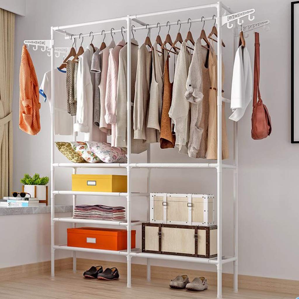 Free Standing Coat Rack Stand - Metal Multi-Purpose Clothing Hooks for Hallway, Entryway & Bedroom - Hat & Jacket Organizer with Storage Shelf - White Home Furniture for Space Saving Organization