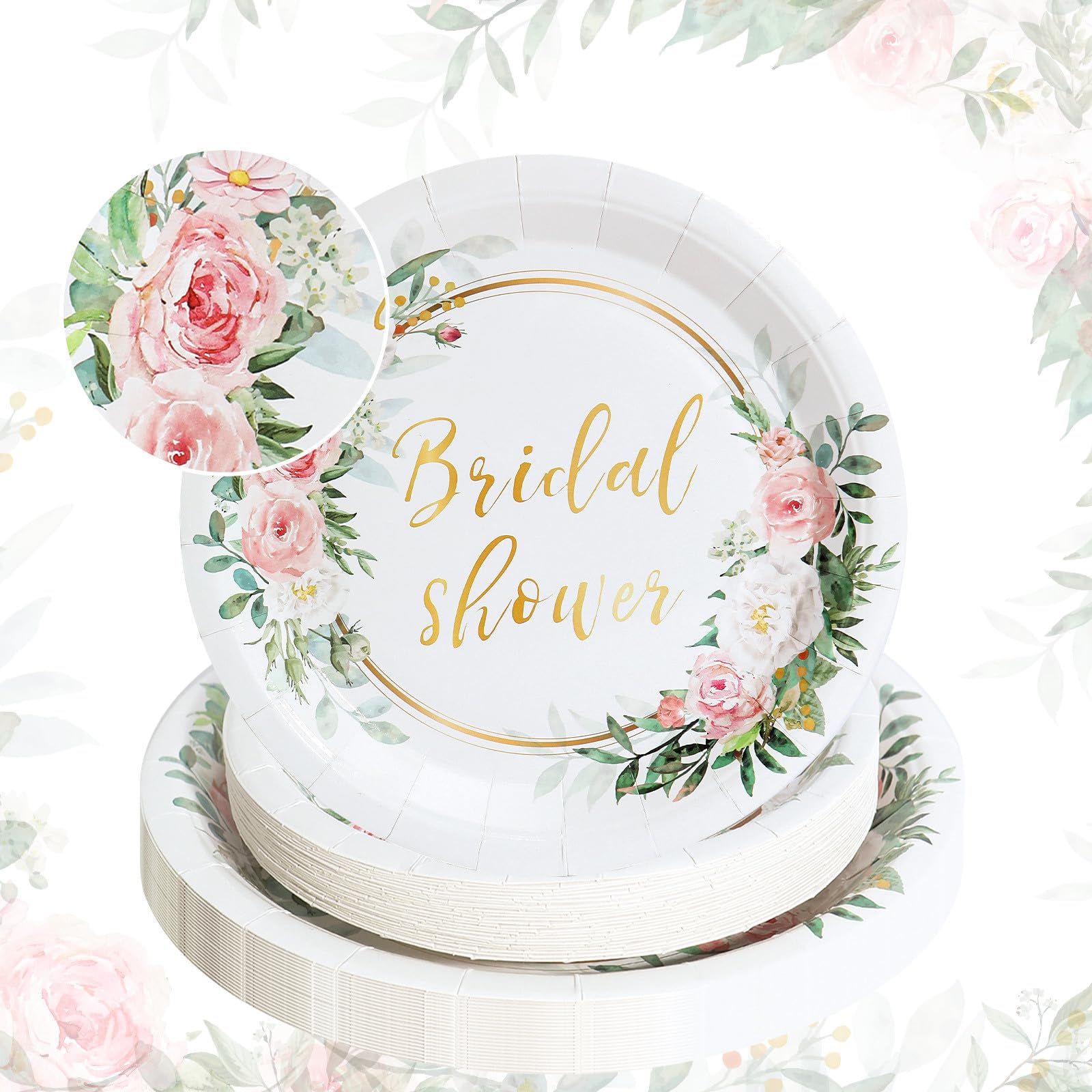 Elegant Pink & Gold Floral Bridal Shower Tableware Set - 24-Piece Disposable Plates, Dessert Plates, Napkins & Forks for Bachelorette Party Decorations | Perfect for Wedding Showers, Engagement Parties & Bridal Celebrations