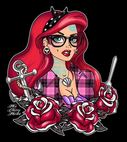 Women's Little Mermaid Tattoo Art Black T-Shirt - Ariel Design by Miss Cherry Martini | Perfect for Cosplay, Disney Fans & Unique Fashion Statements