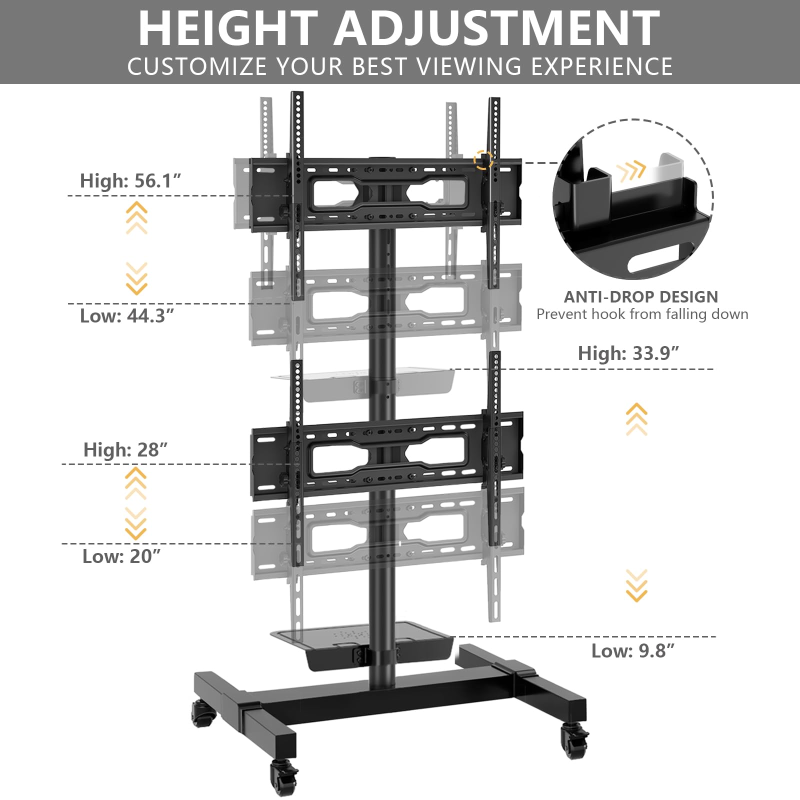 TVON Mobile Dual TV Stand for 32-65 Inch Plasma LCD LED Smart Flat Panel Curved TVs - Heavy Duty Rolling TV Cart with Wheels & Tilt Mount Floor Stand (Holds up to 132 lbs) - Perfect for Living Room, Bedroom, or Office Entertainment Setup