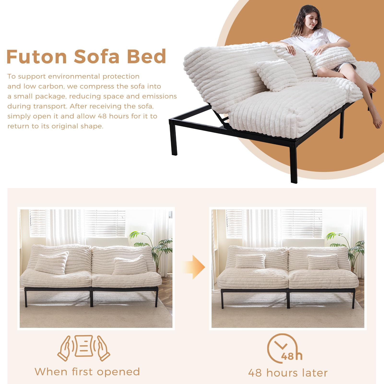 MAXYOYO Convertible Futon Sofa Bed - 3-in-1 Sleeper Couch for Small Spaces, Guest Room & Living Room - Comfortable White Futon with Easy Fold Mechanism - Perfect for Apartments, Dorms and Home Offices