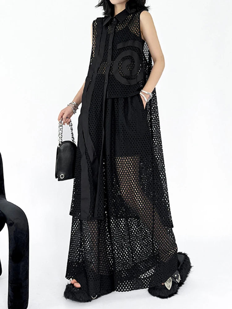 Trendy Black Grid Vest & Wide Leg Pants Two-Piece Set for Women - Lapel Sleeveless Jumpsuit Outfit | Plus Size Fashion | Spring & Fall 2025 Collection | Perfect for Office Wear, Date Nights & Casual Outings