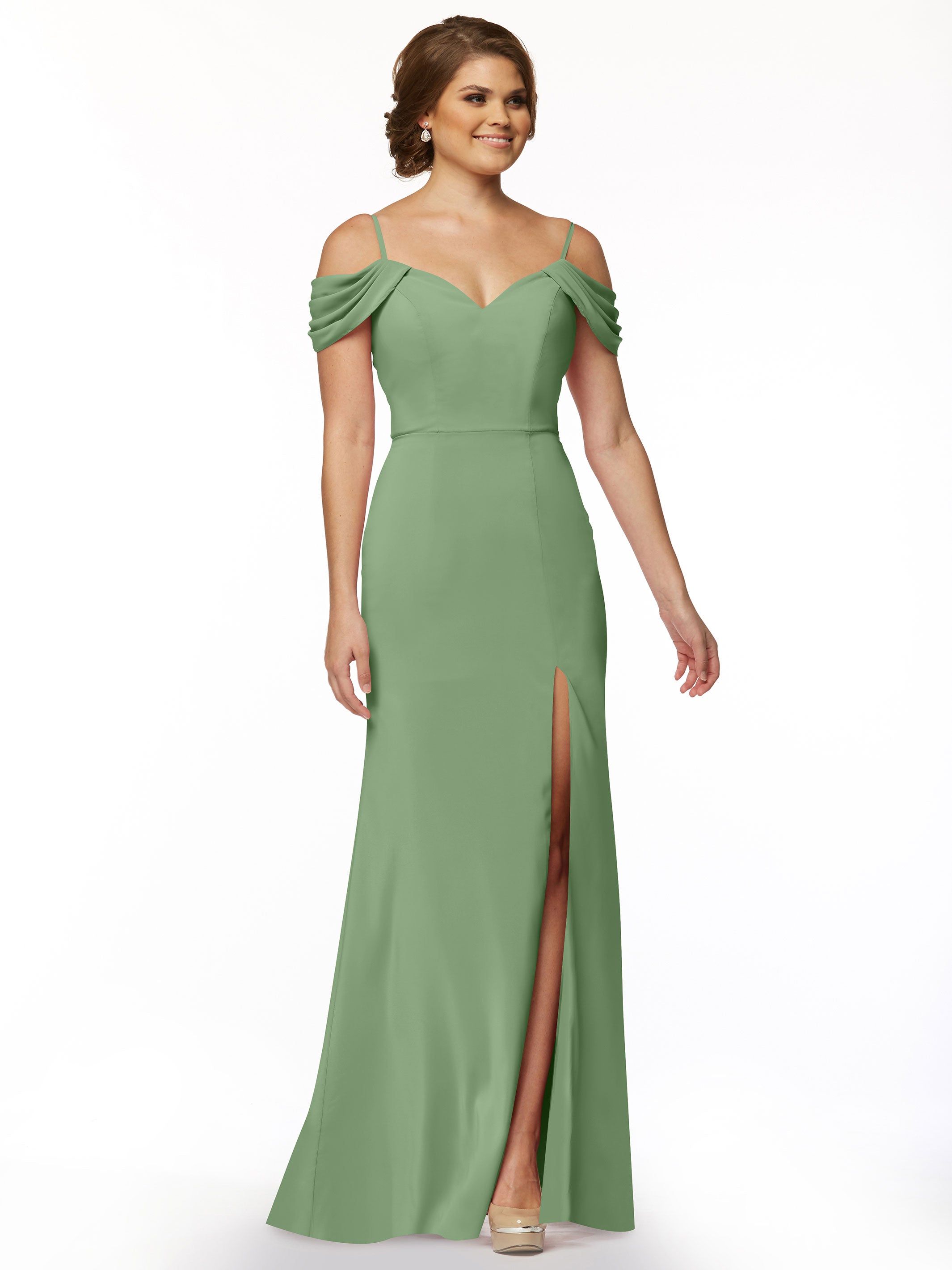 Elegant 83029 Fitted Stretch Chiffon Off-The-Shoulder Bridesmaid Dress with High Slit - Perfect for Weddings, Prom & Formal Events
