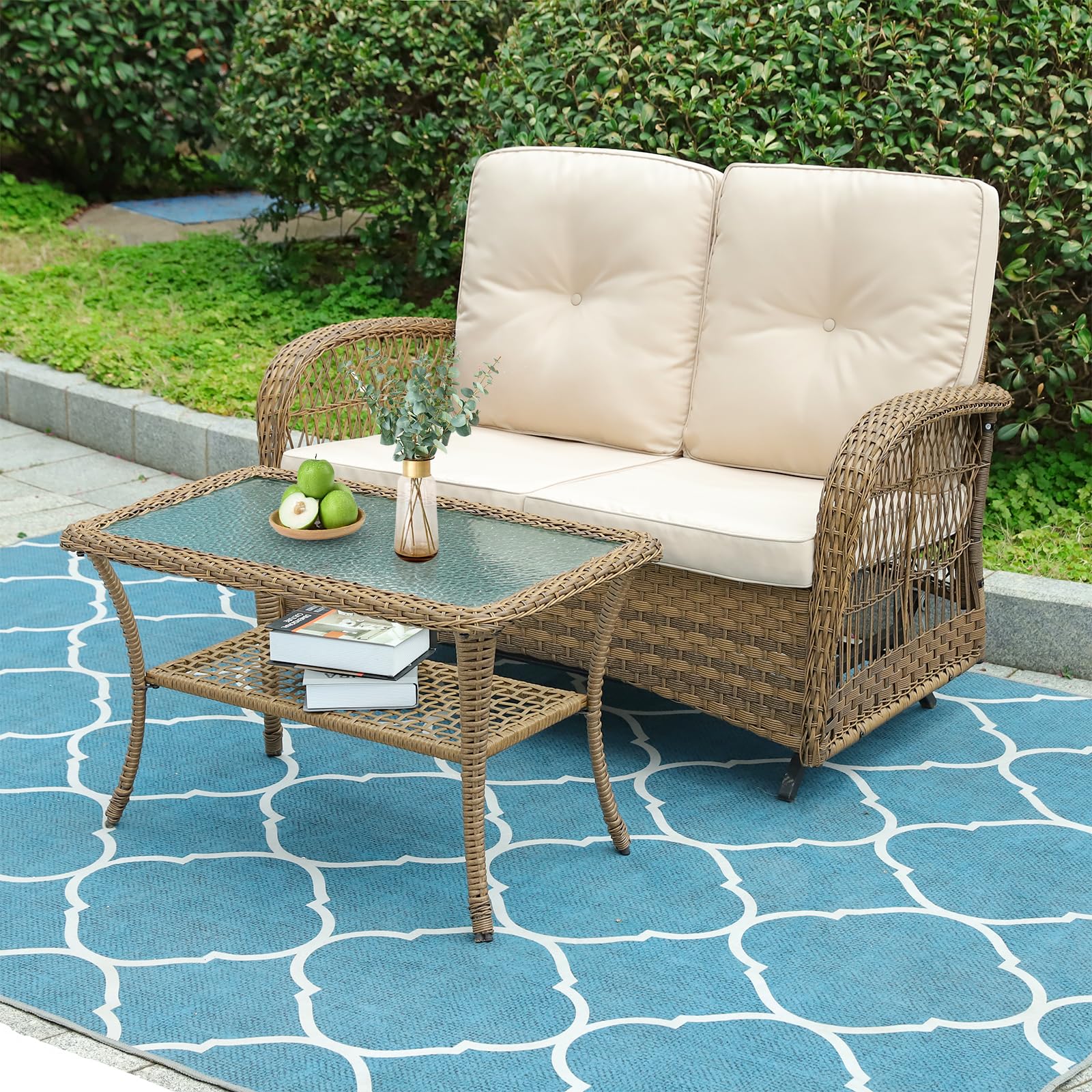 VIVIJASON 2-Piece Outdoor Wicker Loveseat Glider Set with Cushions - Patio Conversation Furniture for Porch, Garden & Poolside - Includes 2-Seater Glider Rocking Bench & Coffee Table - Light Brown - Perfect for Relaxing, Entertaining & Outdoor Lounging