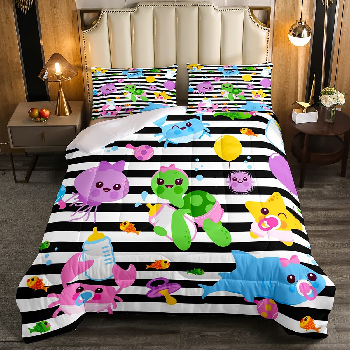 Erosebridal Kids Sea Turtle Comforter Set - Twin Size Cartoon Marine Life Duvet Cover with Shark & Jellyfish Design, Underwater World Themed Bedding for Boys & Girls, Black & White Geometric Stripe Quilt Insert - Perfect for Ocean-Themed Bedrooms & Kids' Room Decor