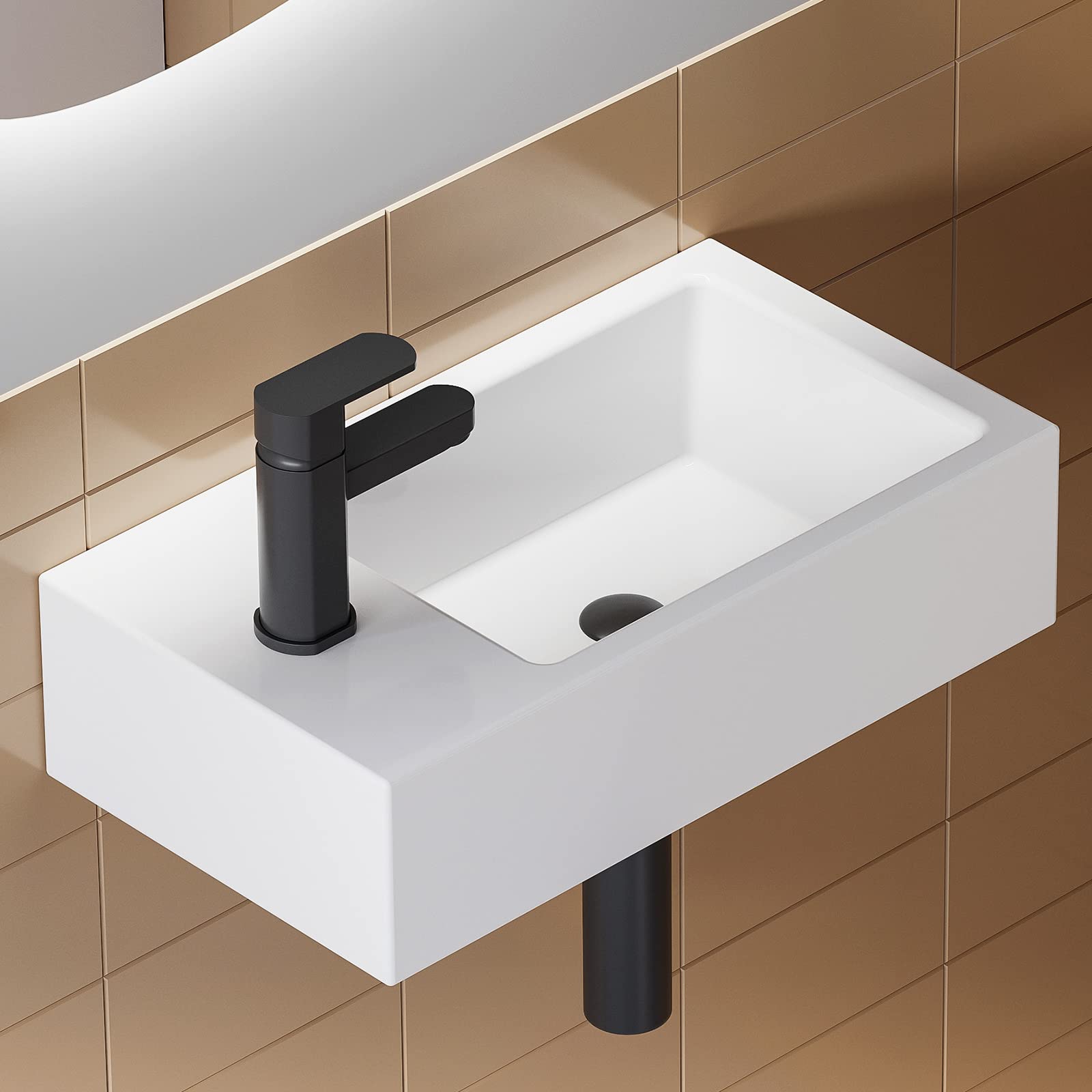HOROW 18x10 Inch White Porcelain Wall Mount Rectangular Vessel Sink - Space Saving Bathroom Sink for Small Bathrooms, Powder Rooms & RV Baths (Left Hand Drain) - Perfect for Tiny Homes, Apartments & Guest Baths