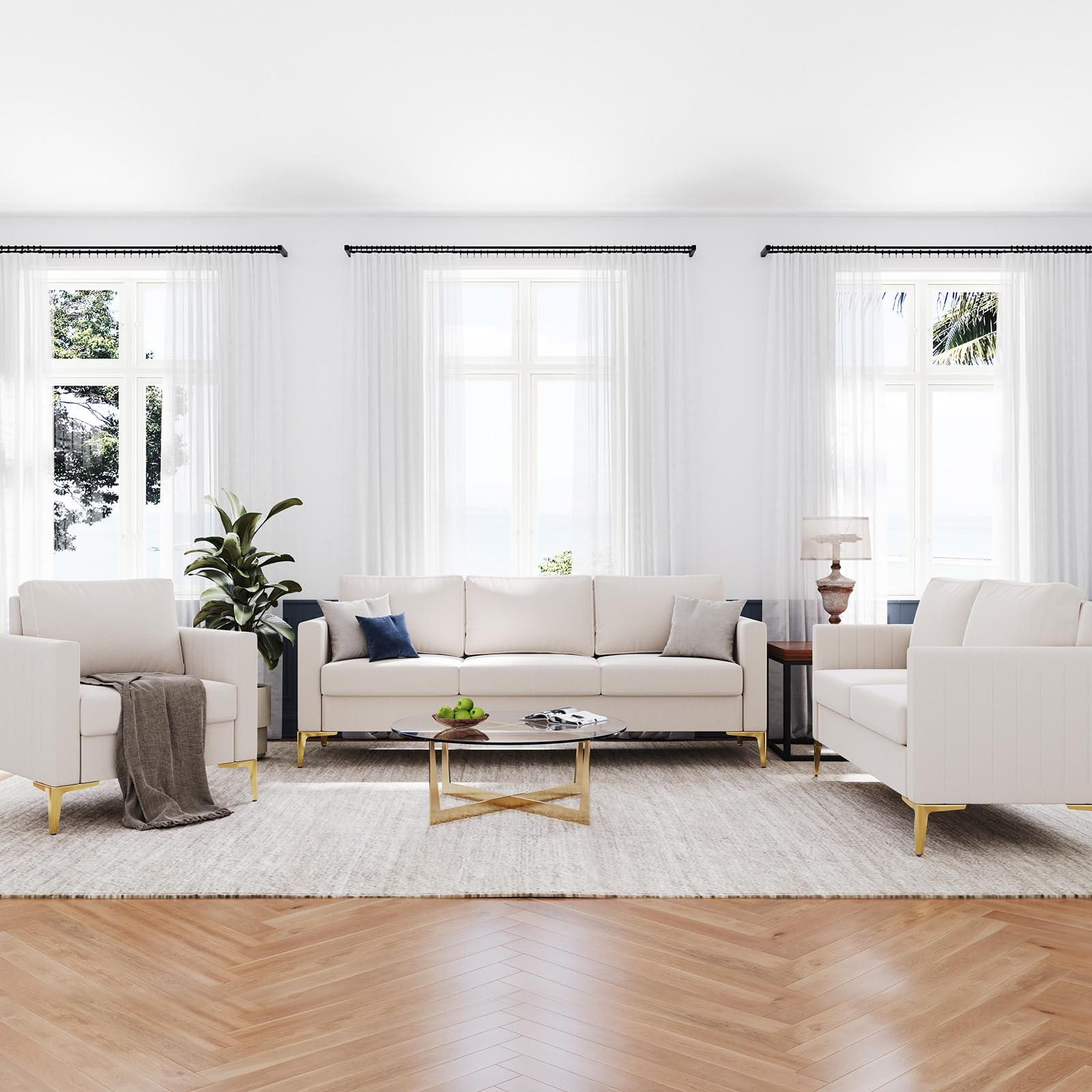 Avenco Modern Sofa & Armchair Set - Extra Deep Seat Accent Chairs, Ivory Upholstered Couch for Living Room, Apartment, Home Office | Perfect for Lounging, Entertaining & Small Space Decor