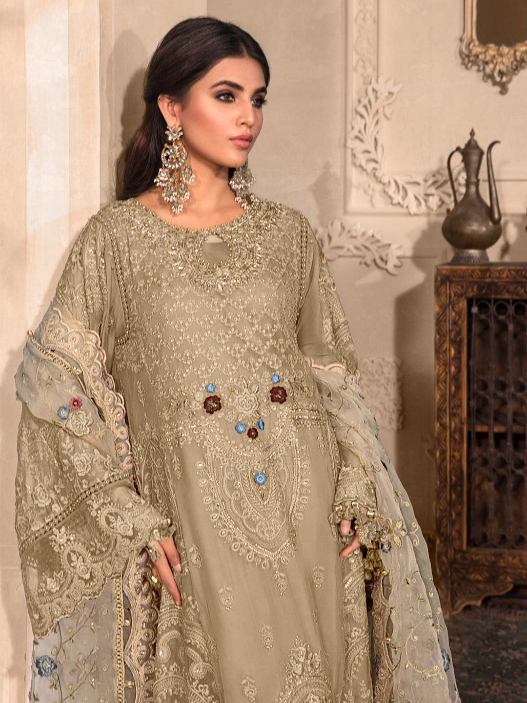 Elegant Beige Designer Semi-Stitched Pant Suit with Exquisite Embroidery - Perfect for Weddings, Parties & Special Occasions