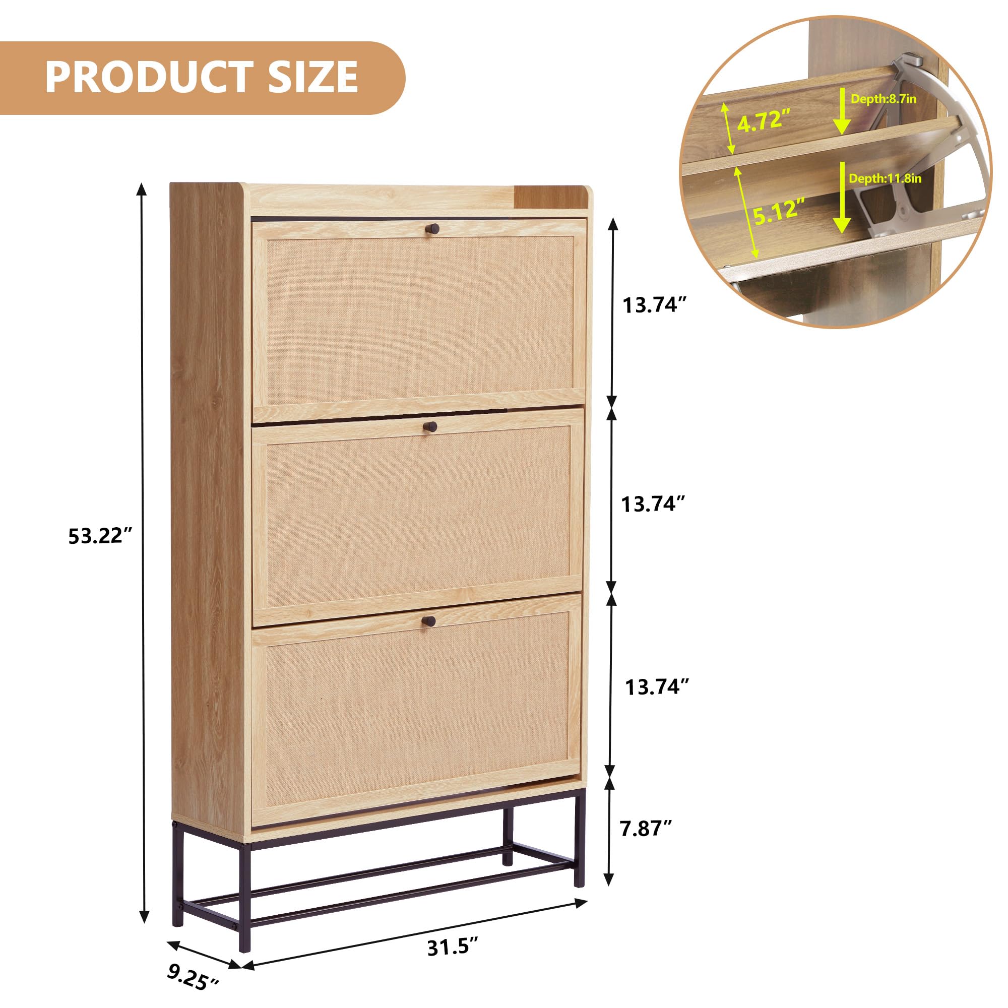 LEVNARY 3-Tier Flip Drawer Shoe Storage Cabinet - Freestanding Wooden Shoe Organizer with Metal Legs for Entryway & Hallway | Space-Saving Narrow Shoe Rack for Small Spaces (Natural Oak) | Perfect for Apartment Living, Closet Organization & Entryway Storage