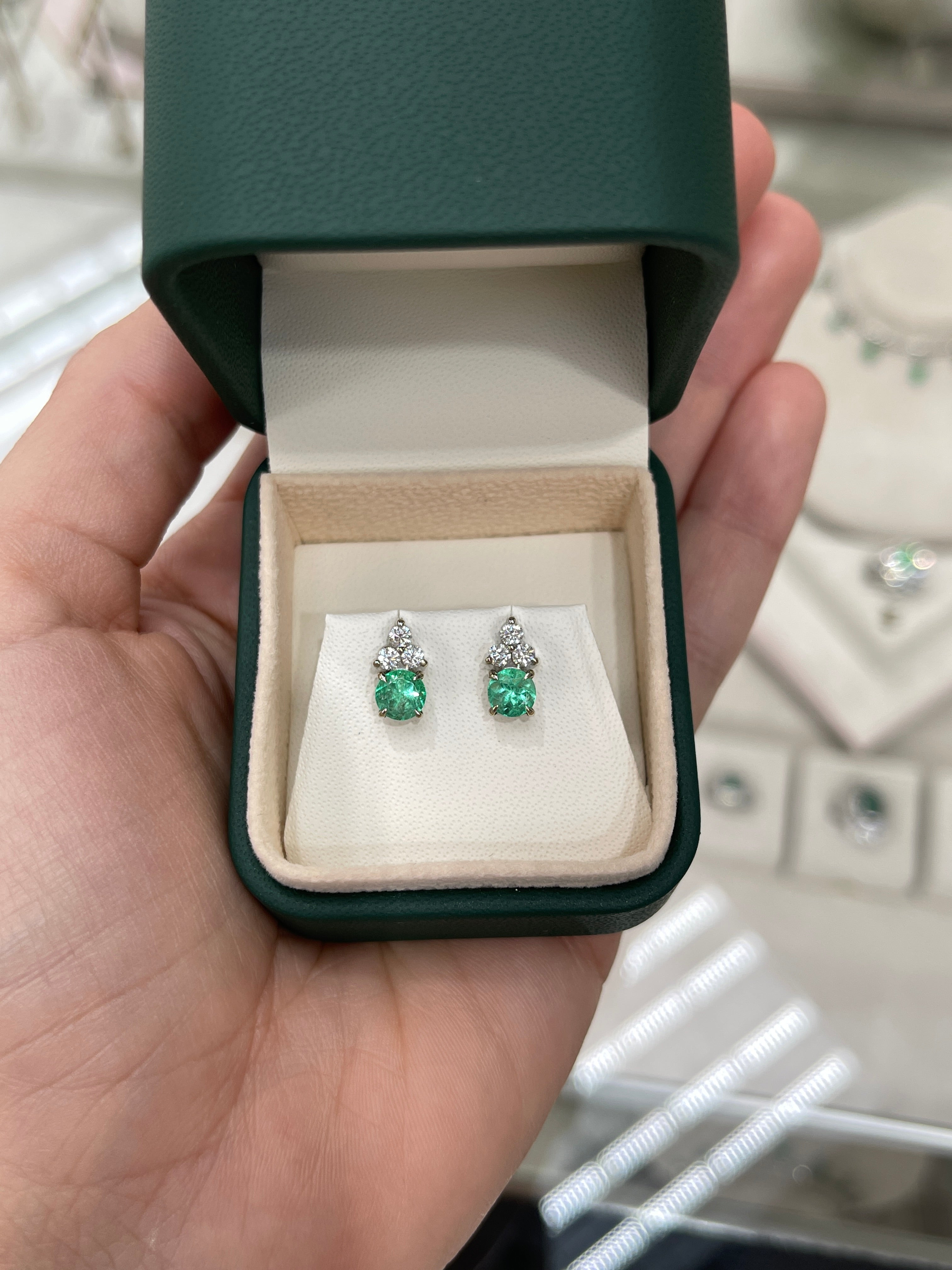14K White Gold Colombian Emerald & Diamond Trio Stud Earrings | Natural Green Gemstone Jewelry for Women | Perfect for Weddings, Anniversaries & Special Occasions
