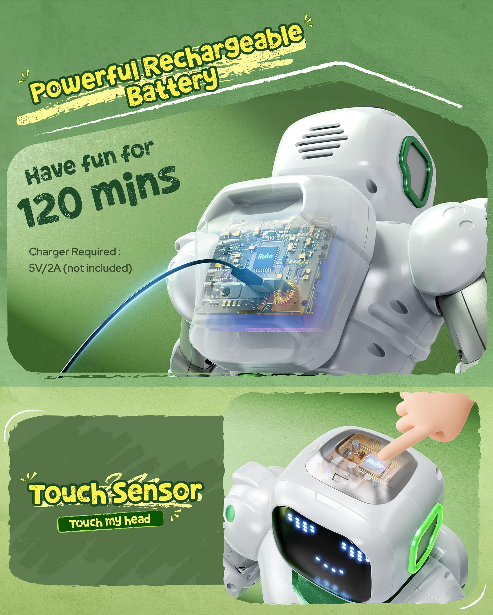 Ruko 1088 Large Smart Robot Toy for Kids Ages 4-9 - Voice & App Controlled Programmable RC Robot with Interactive Music & Lights - STEM Learning Toy for Boys & Girls - Perfect Birthday Gift for Kids (Green) | Indoor Play, STEM Education, Party Entertainment