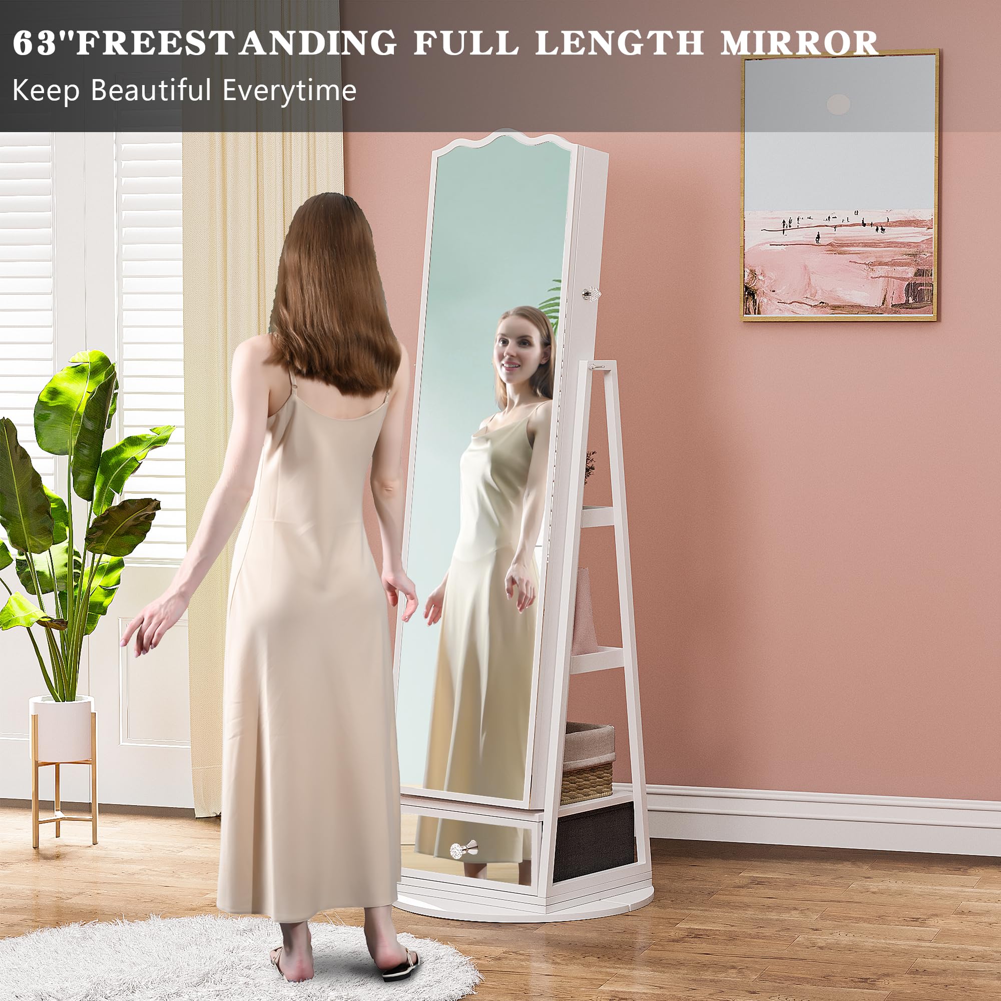 360° Rotating Jewelry Armoire with Full Length Mirror - Large Capacity Jewelry Organizer with LED Lights & Lock - Floor Standing Mirror with Storage Shelves for Necklaces, Rings & Accessories - Perfect for Bedroom, Closet & Dressing Room (White)