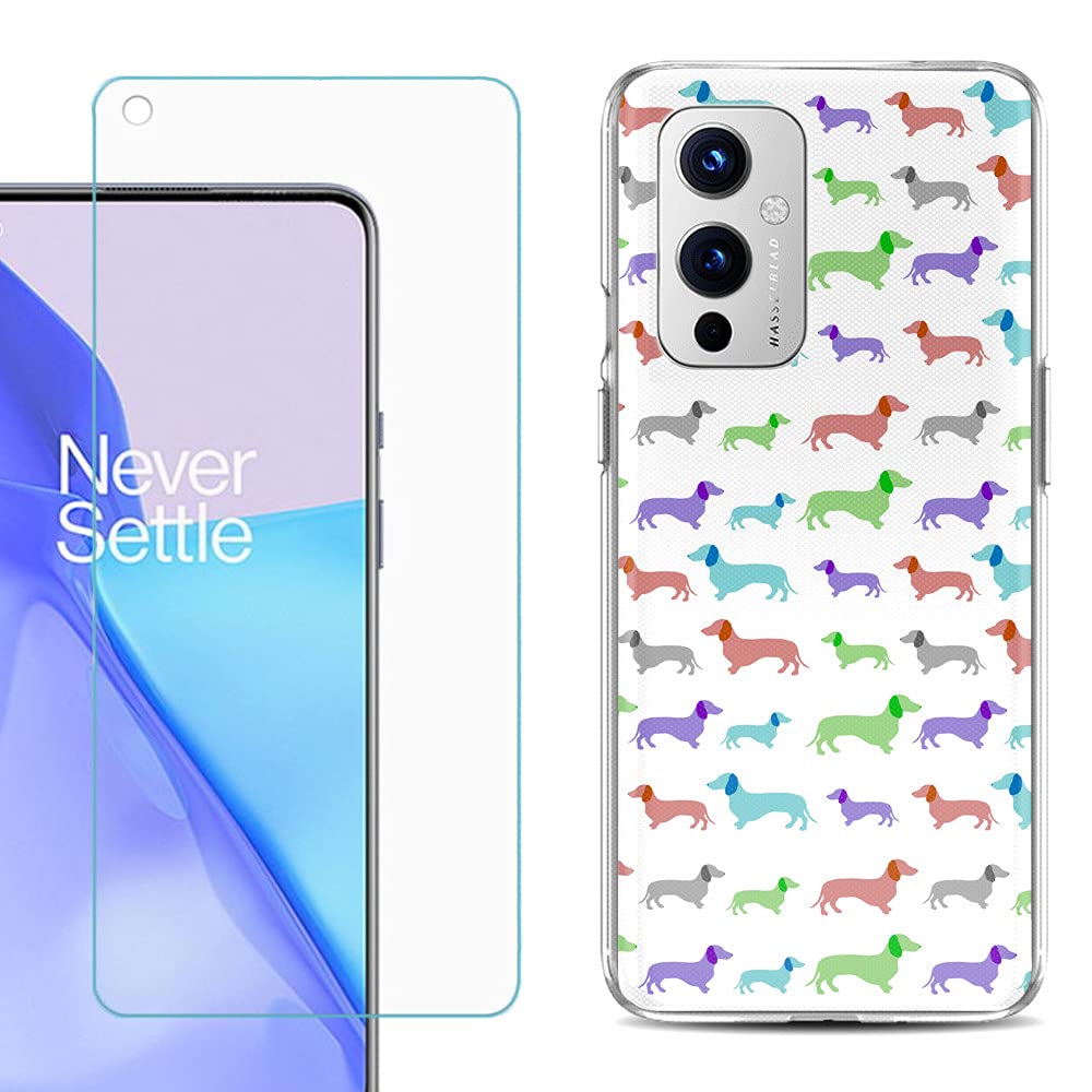 Durable TPU Case for OnePlus 9 5G with Screen Protector - Colorful Dachshund Design for Daily Protection