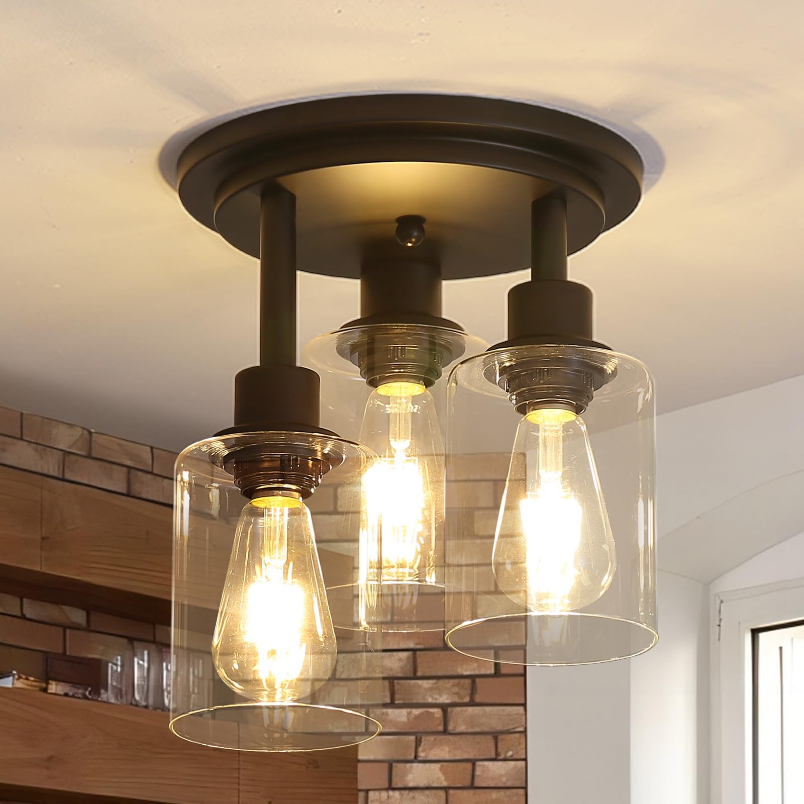 3WWWUEE 3-Light Semi Flush Mount Ceiling Fixture - Clear Glass Shade with Matte Black Finish - Farmhouse Industrial Rustic Lighting for Hallway, Kitchen Island, Entryway & Bedroom - E26 Socket - 11.2 Inch - Perfect for Dining Rooms, Living Rooms and Home Decor