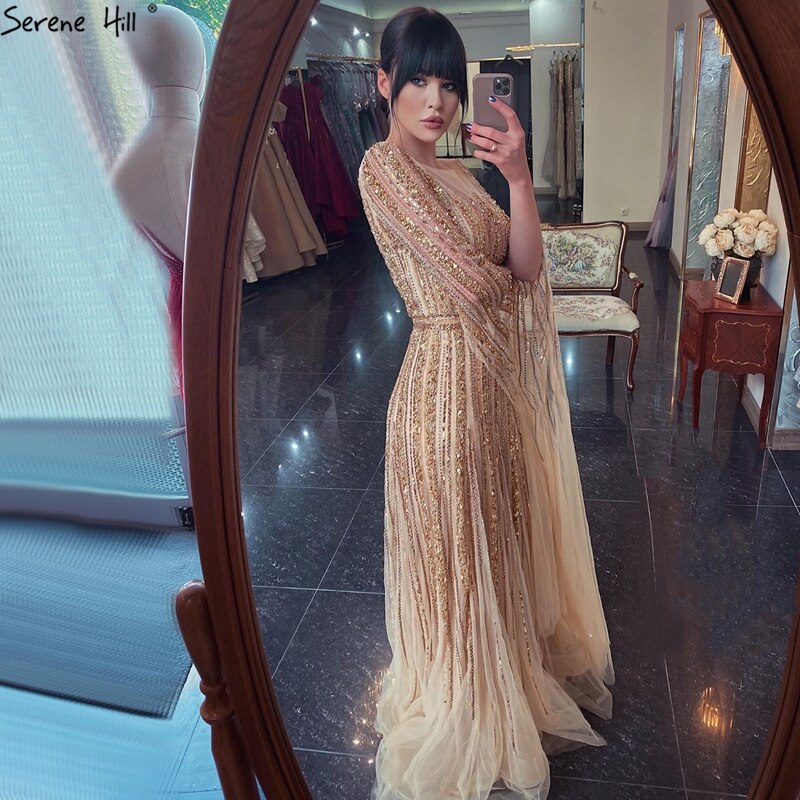 Serene Hill Luxury Gold Beaded A-Line Cape Sleeves Evening Gown for Women - Formal Dress LA70637 | Perfect for Prom, Gala & Wedding Events