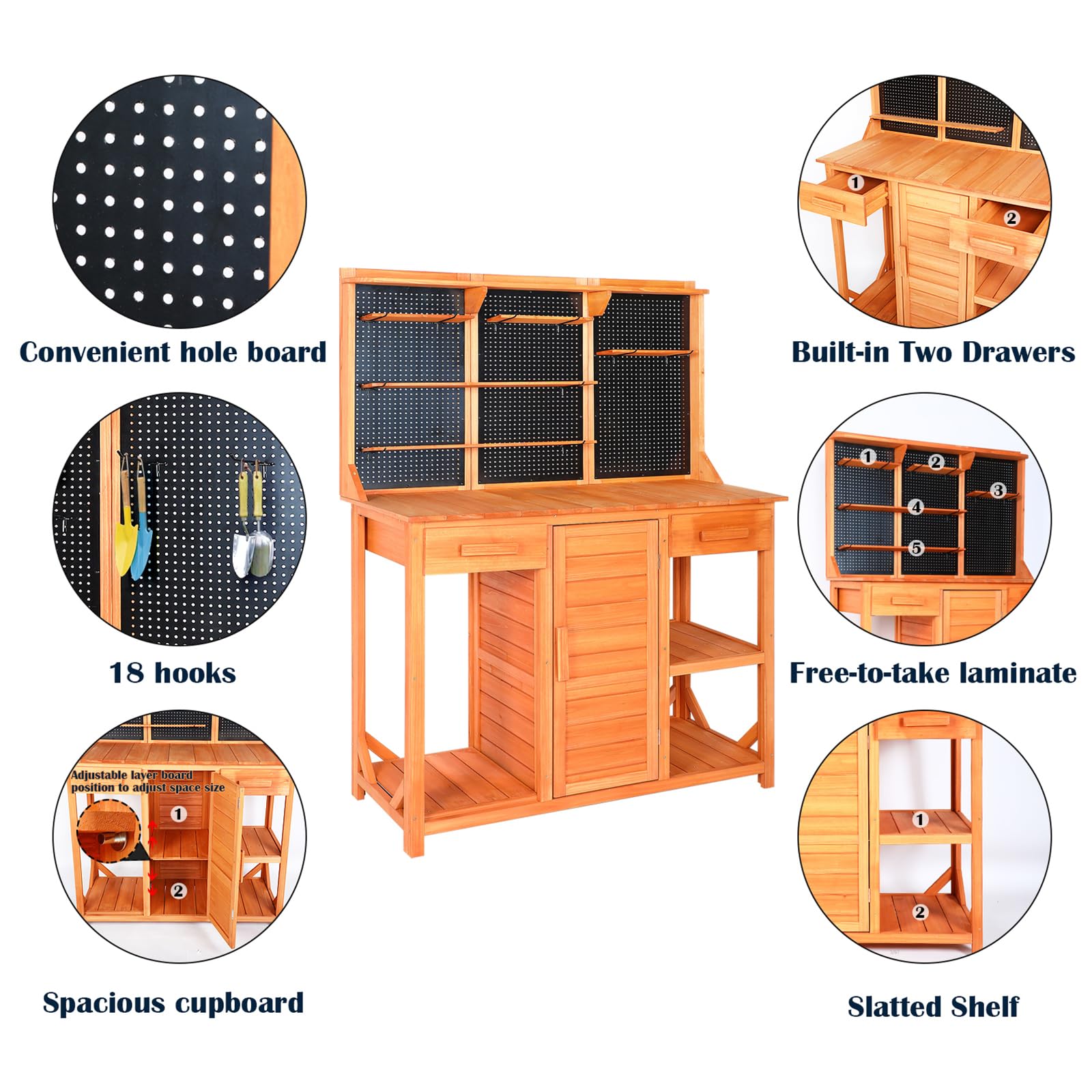 **Outdoor Potting Bench with Storage - 45x49x14 Inch Wooden Garden Work Table with Adjustable Shelf, Drawer & Hooks - Perfect for Backyard, Patio & Gardening Projects**    *Optimized for Google SEO with clear product features, dimensions, and usage scenarios.*