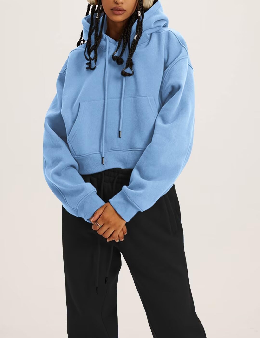 LEEDYA Women's Cropped Hooded Sweatshirt - Long Sleeve Loose Fit Fleece Pullover Top for Casual Wear, Street Style & Outdoor Activities