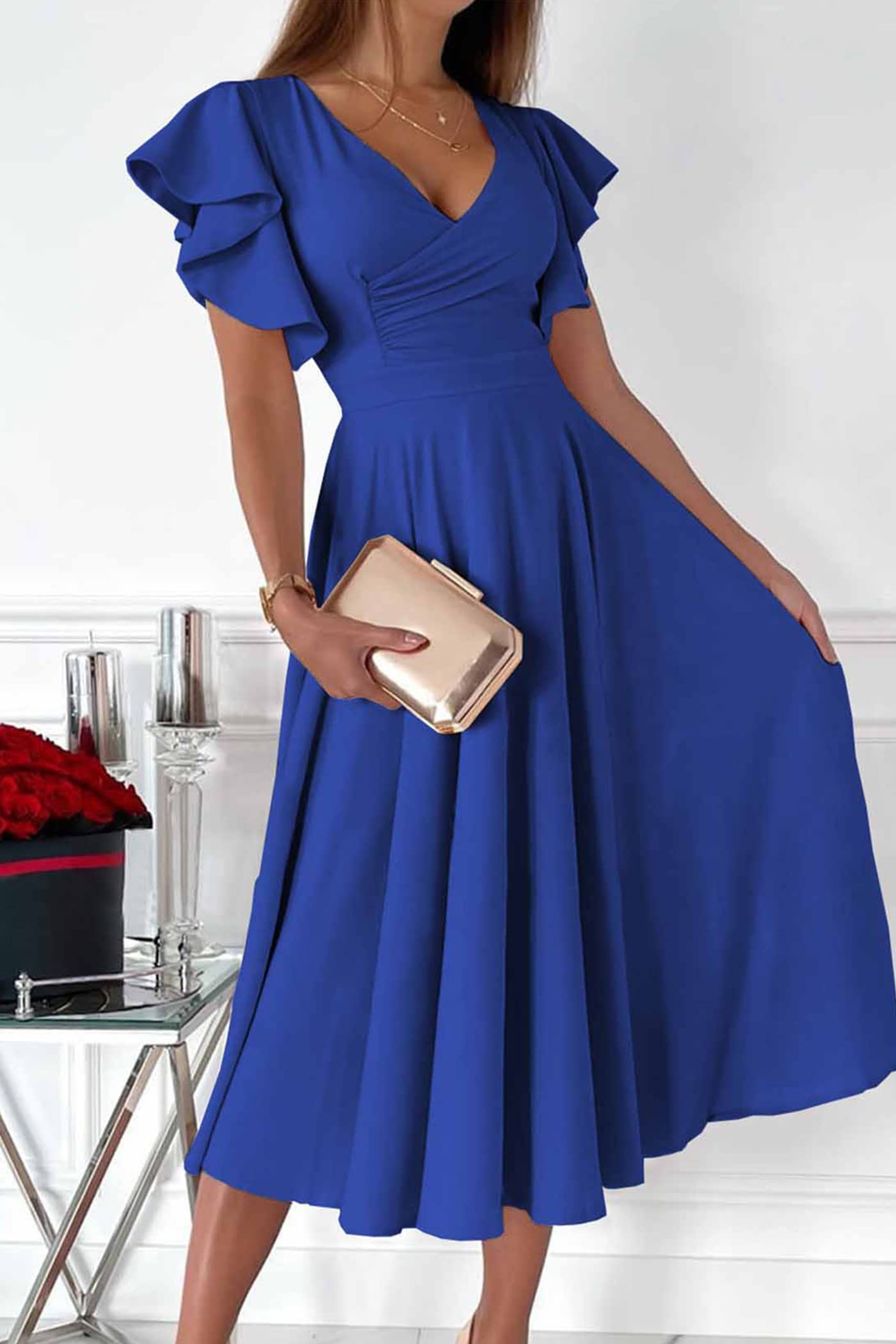 PRETTYGARDEN Women's Summer Midi Dress 2025 | Ruffle Sleeve V-Neck A-Line Cocktail Dress | Wedding Guest, Party & Spring Outfit | Flattering Fit & Flare Design for Special Occasions
