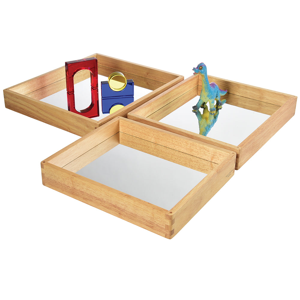 Reflective Observation Trays - Set of 3 Double-Sided Mirrored Wooden Trays for Light Exploration, Shadow Play & STEM Learning | Perfect for Science Classrooms, Montessori Education & Kids' Sensory Activities