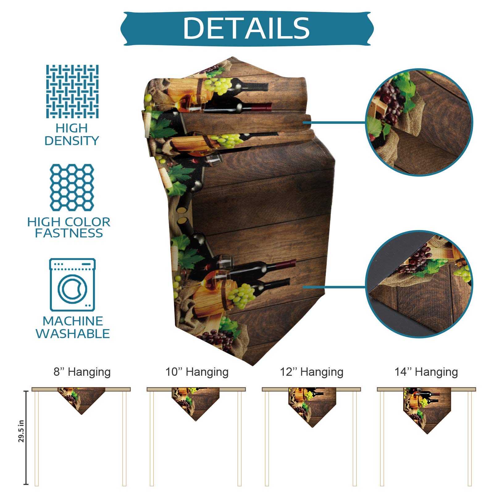 Rustic Wooden Grain Table Runner - Non-Slip Washable Kitchen & Dining Decor with Wine Grapes & Barrels Design (13x36in) | Perfect for Farmhouse Parties, Holiday Dinners & Coffee Table Styling