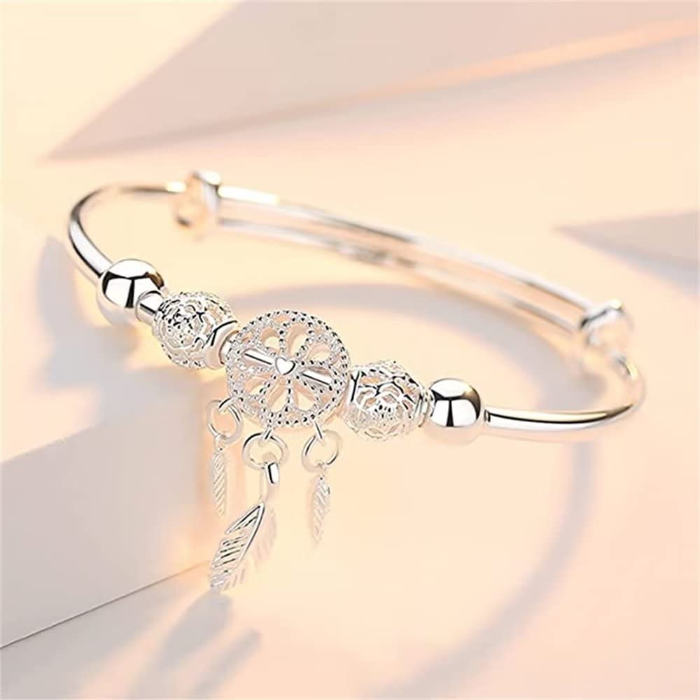 VINAU Sterling Silver Adjustable Tassel Feather Dream Catcher Bracelet for Women - Boho Chic Fashion Jewelry Gift for Wife, Friends, Birthday, Anniversary | Perfect for Festivals, Parties, and Everyday Wear