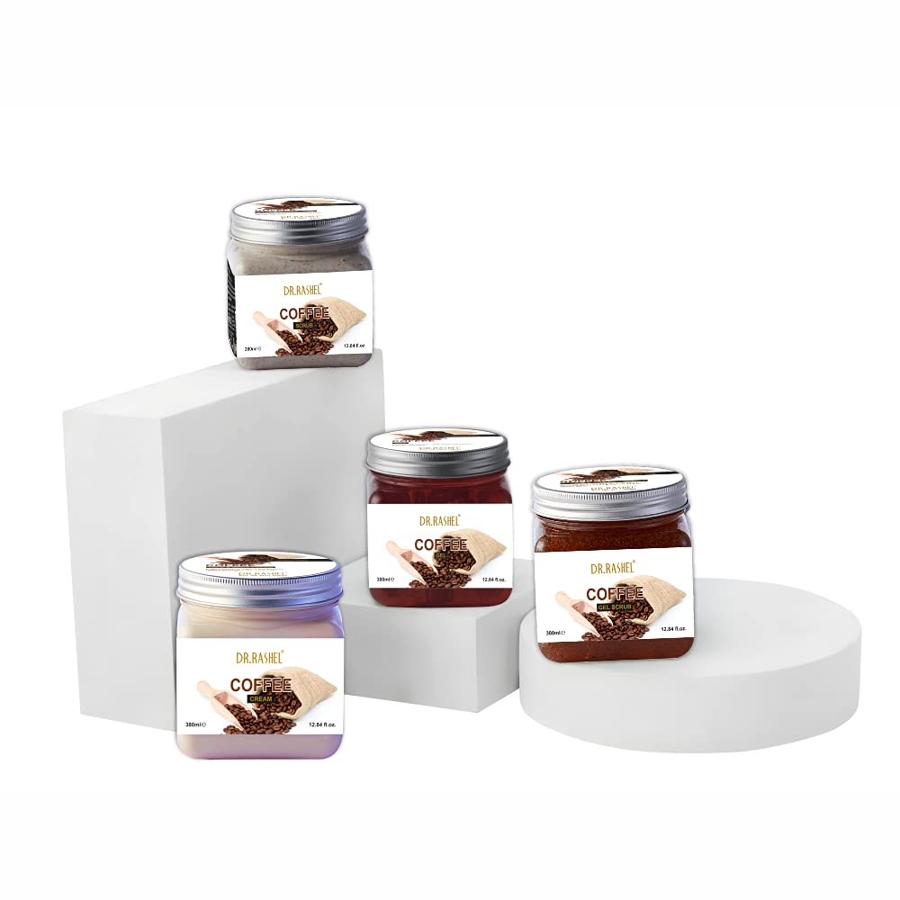 DR.RASHEL Vitamin C Brightening Coffee Scrub & Gel Combo Pack of 4 – Dark Circle Treatment, Face Cream & Exfoliating Gel Scrub for Glowing Skin – Perfect for Morning Routine & Spa Night Self-Care