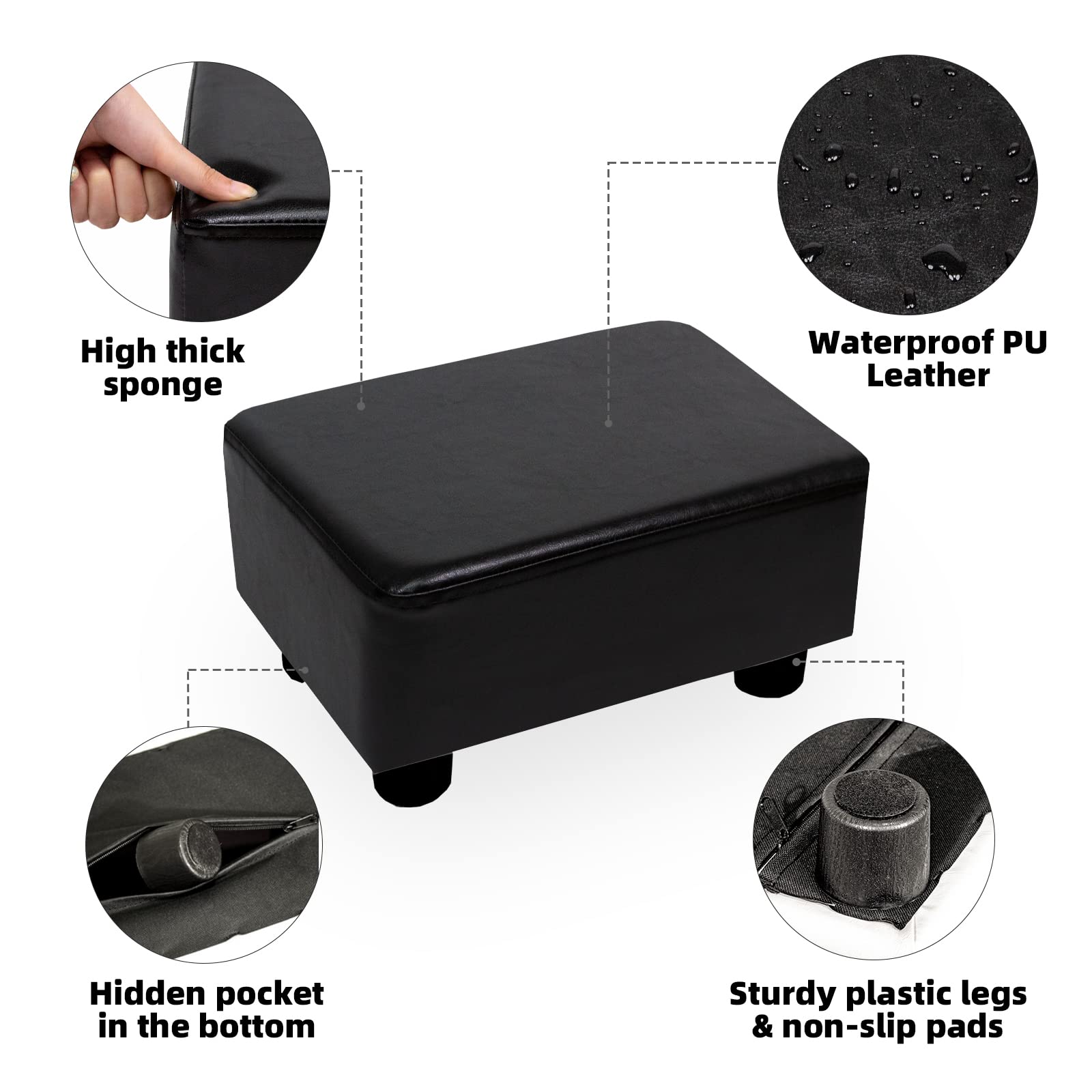 CAROLMADE Small Foot Stool Ottoman with Sturdy Legs - Under Desk Footrest for Home Office, Living Room & Bedroom - Ergonomic Support for Work, Relaxation & Reading - Black