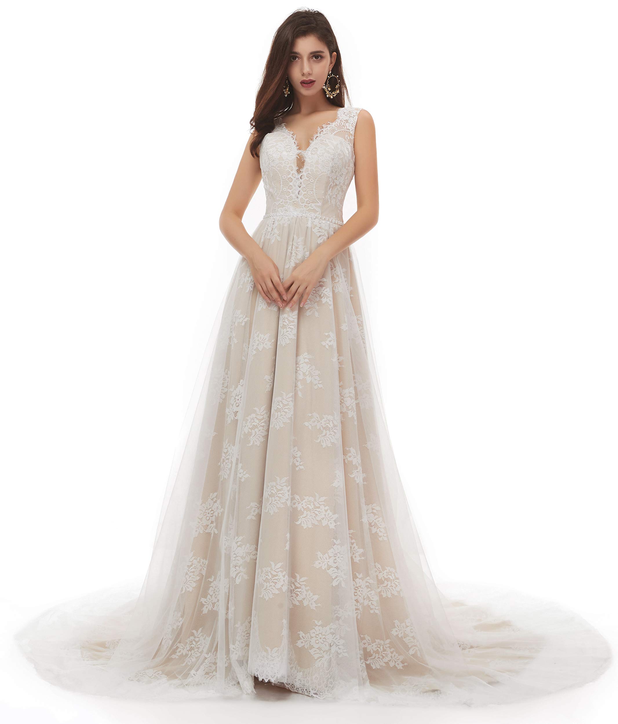 Elegant V-Neck A-Line Lace Tulle Beach Wedding Dress for Women - Perfect for Bridal Ceremonies, Beach Weddings, and Romantic Photoshoots