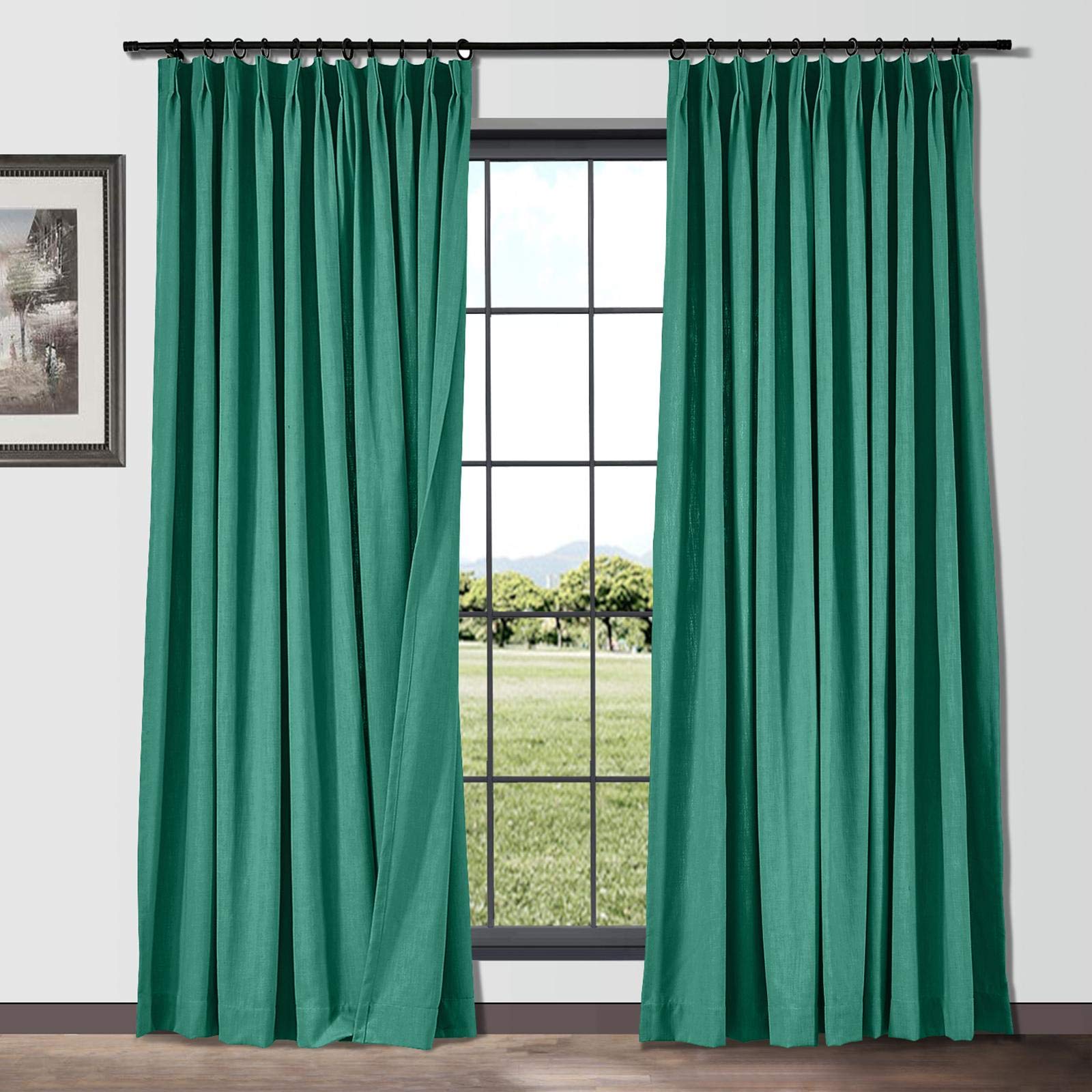 TWOPAGES Teal Pinch Pleated Curtains for Small Windows - 54 Inch Natural Flax Linen Blend Blackout Curtain Panels (Set of 2, 26x54 Inches) - Perfect for Bedroom, Living Room & Home Office Window Treatments