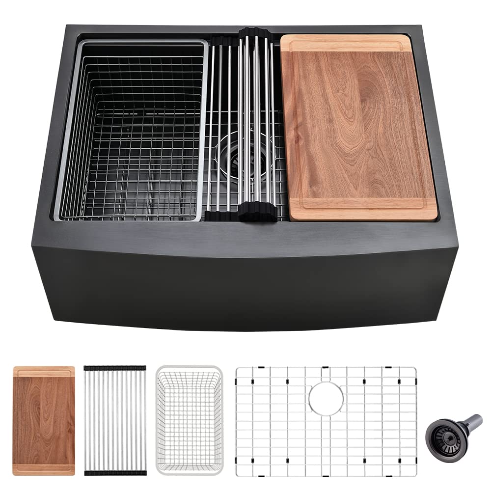 VASOYO 24x22 Inch Black Stainless Steel Farmhouse Kitchen Sink Workstation - 16 Gauge 10 Inch Deep Single Bowl Apron Front Sink for Modern Farmhouse & Rustic Kitchen Renovations | Perfect for Meal Prep, Dishwashing & Entertaining