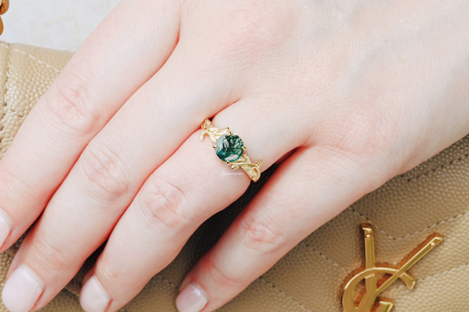 Natural Moss Agate Leaf Engagement Ring - 14K Yellow Gold Vermeil Wedding Band for Women, Nature-Inspired Jewelry for Brides, Anniversary Gifts & Boho Style Accessories | Perfect for Outdoor Weddings, Beach Proposals & Everyday Boho Fashion