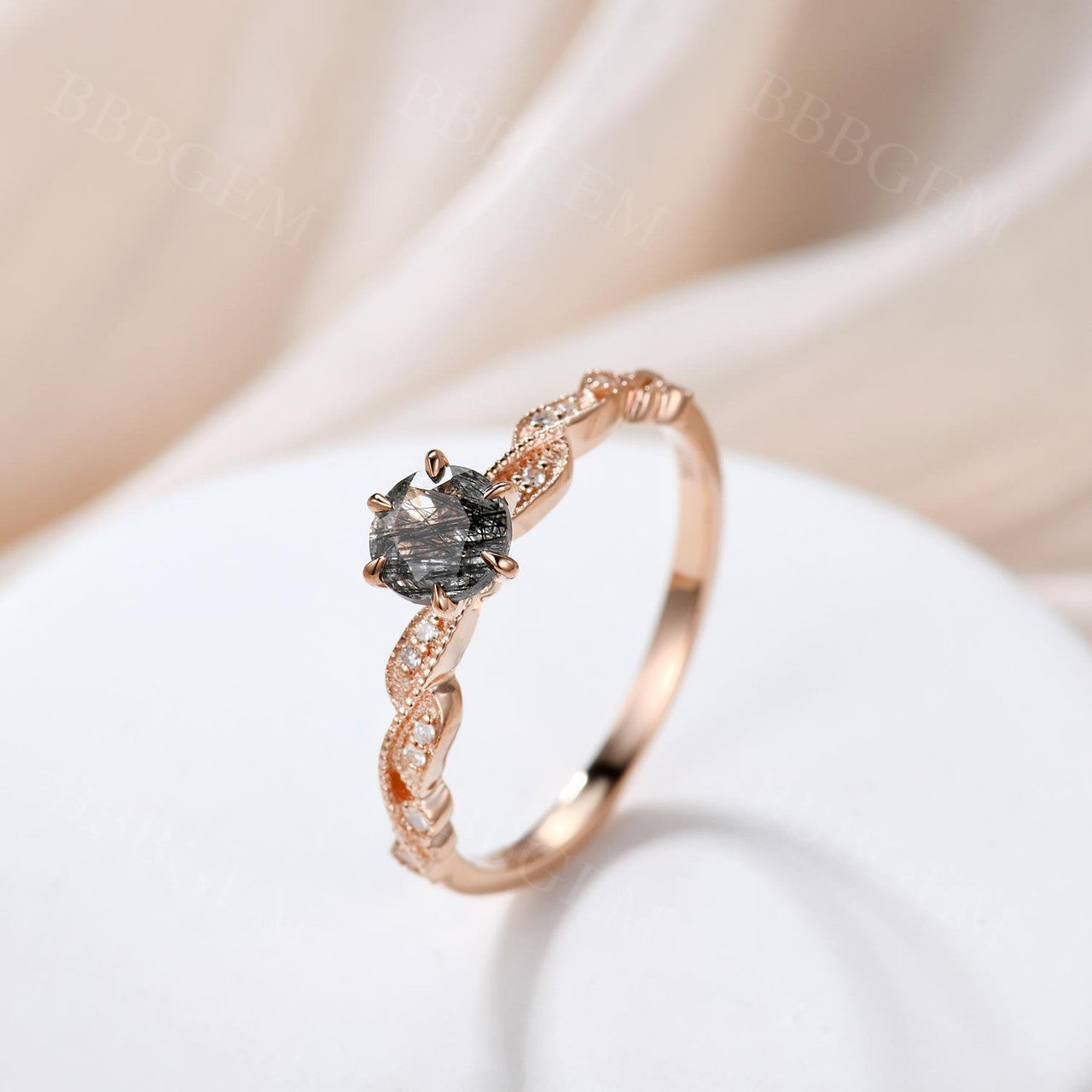Natural Black Rutilated Quartz Engagement Ring with Diamond Accents - Elegant Wedding Band for Women, Perfect for Proposals, Anniversaries & Special Occasions