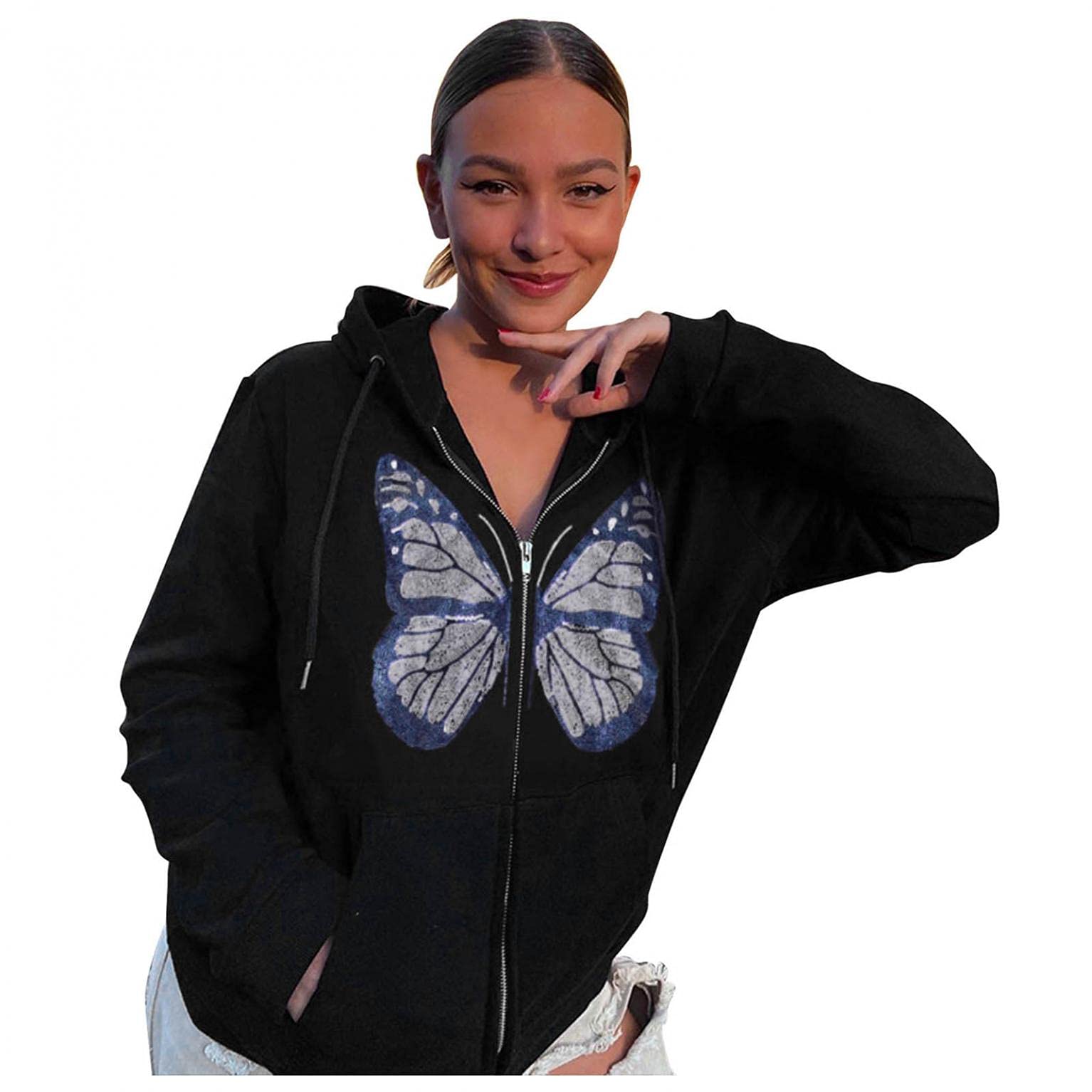 KIOOYI Women's Loose Fit Zip Up Hoodie Jacket with Butterfly Print - Long Sleeve Stylish Coat for Casual Wear, Outdoor Activities & Street Fashion