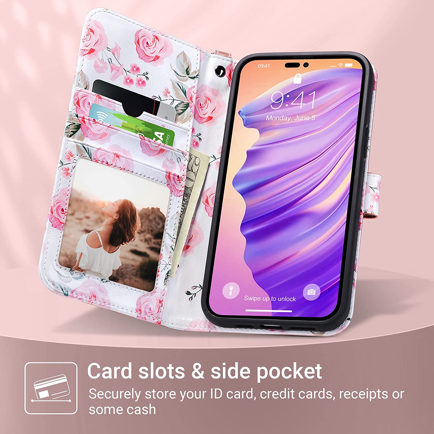 iPhone 14 Pro Max Wallet Case with Card Holder - Flip Protective Cover in Rose Gold | Slim Design for Everyday Use & Travel Protection