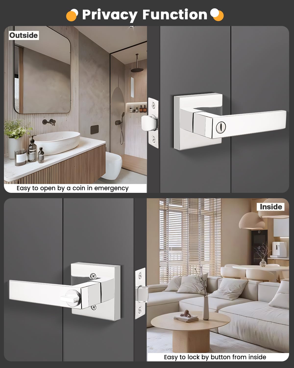 Gobrico 4-Pack Square Bedroom Bathroom Door Levers - Bright Chrome Privacy Door Locks & Interior Door Handles Hardware for Home Office Closet Installation
