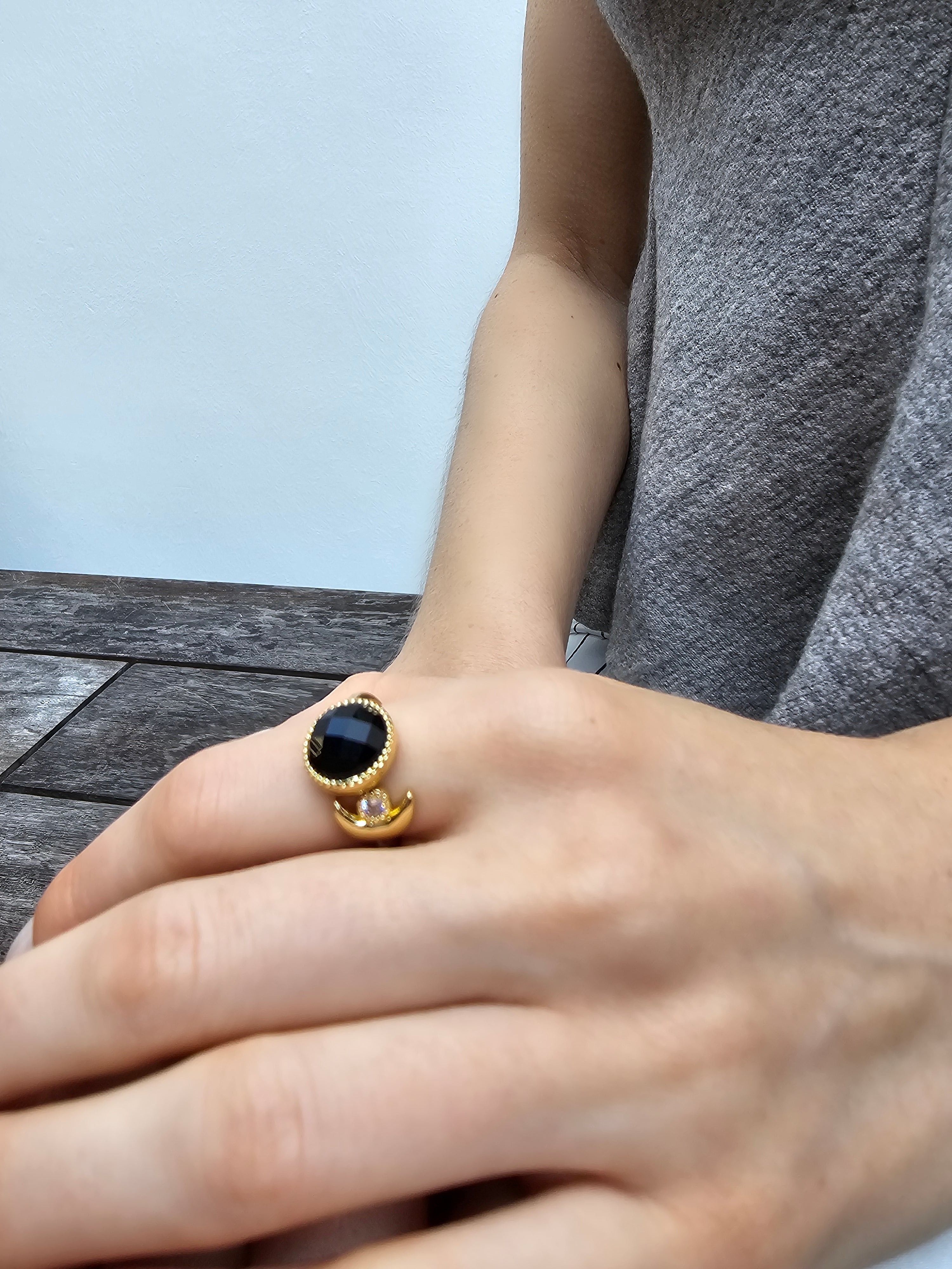 Elegant Black Agate & Zircon Open Ring PR001 - Perfect for Boho Chic Style, Casual Wear & Special Occasions