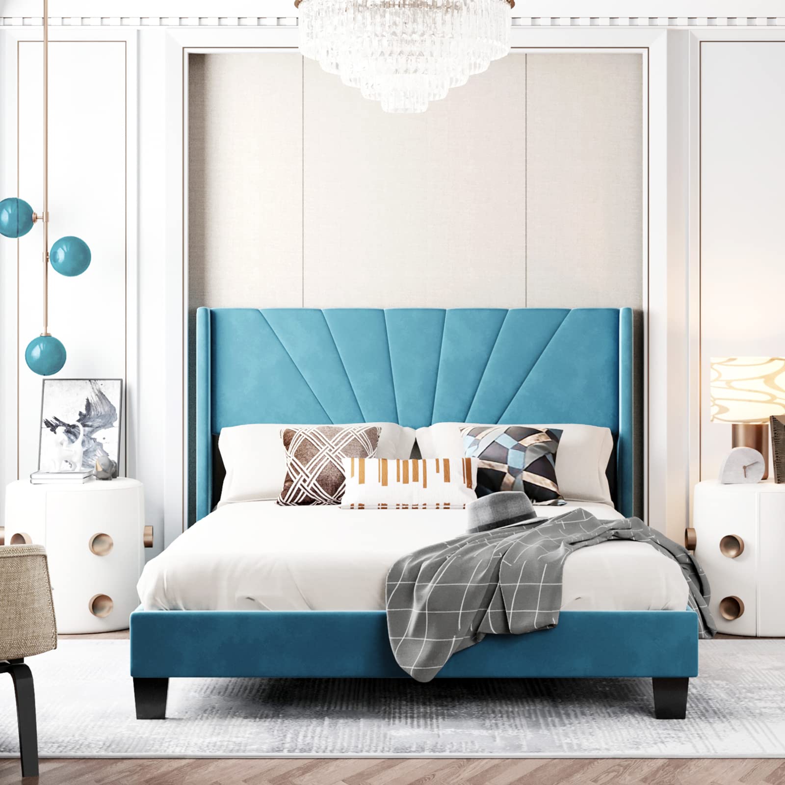 Queen Size Velvet Upholstered Platform Bed Frame with Headboard - Modern Bedroom Furniture, No Box Spring Needed - Perfect for Master Bedrooms, Guest Rooms & Apartment Decor