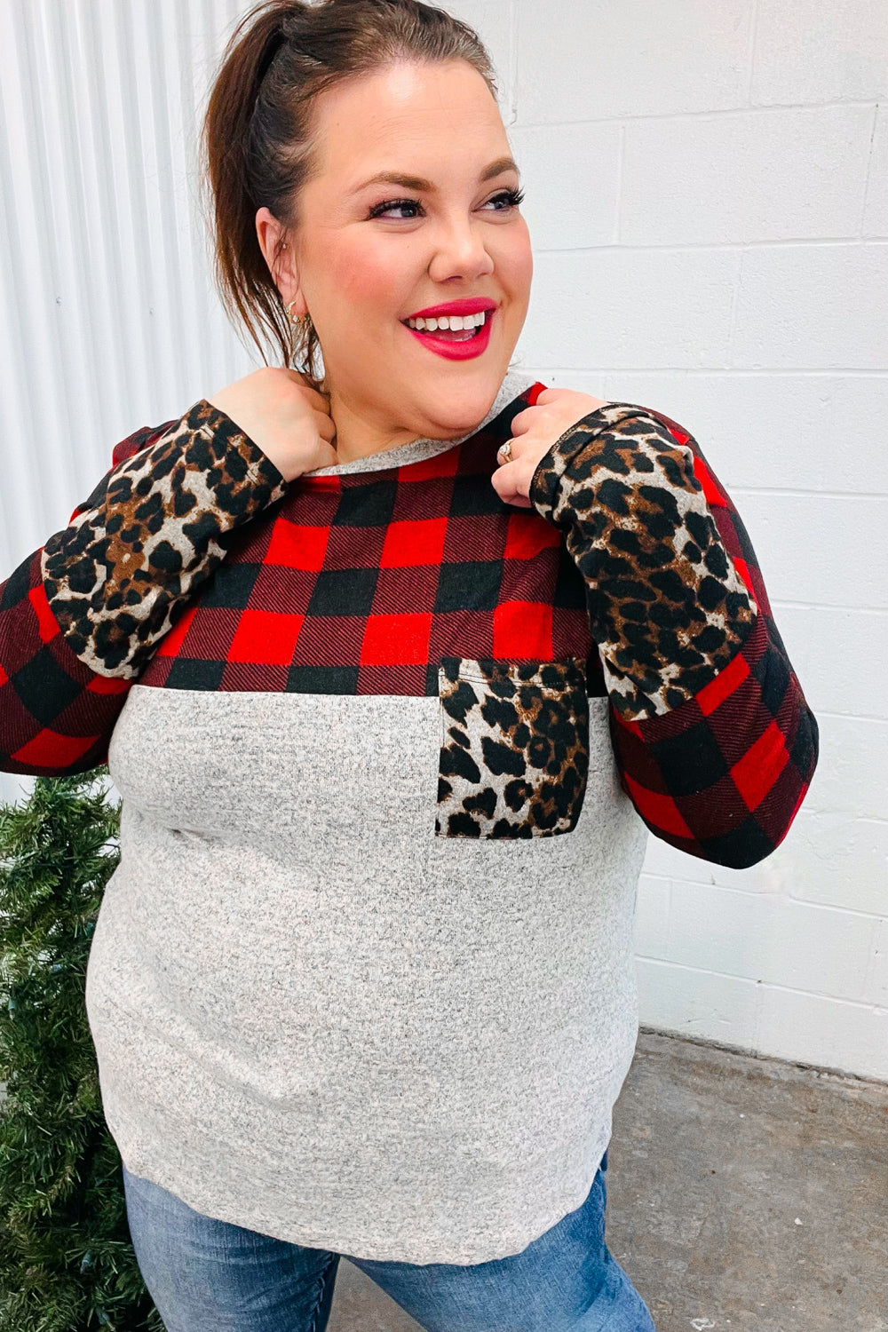 Stylish Grey & Red Plaid Animal Print Women's Top with Pockets - Perfect for Casual Outings, Date Nights, and Office Wear