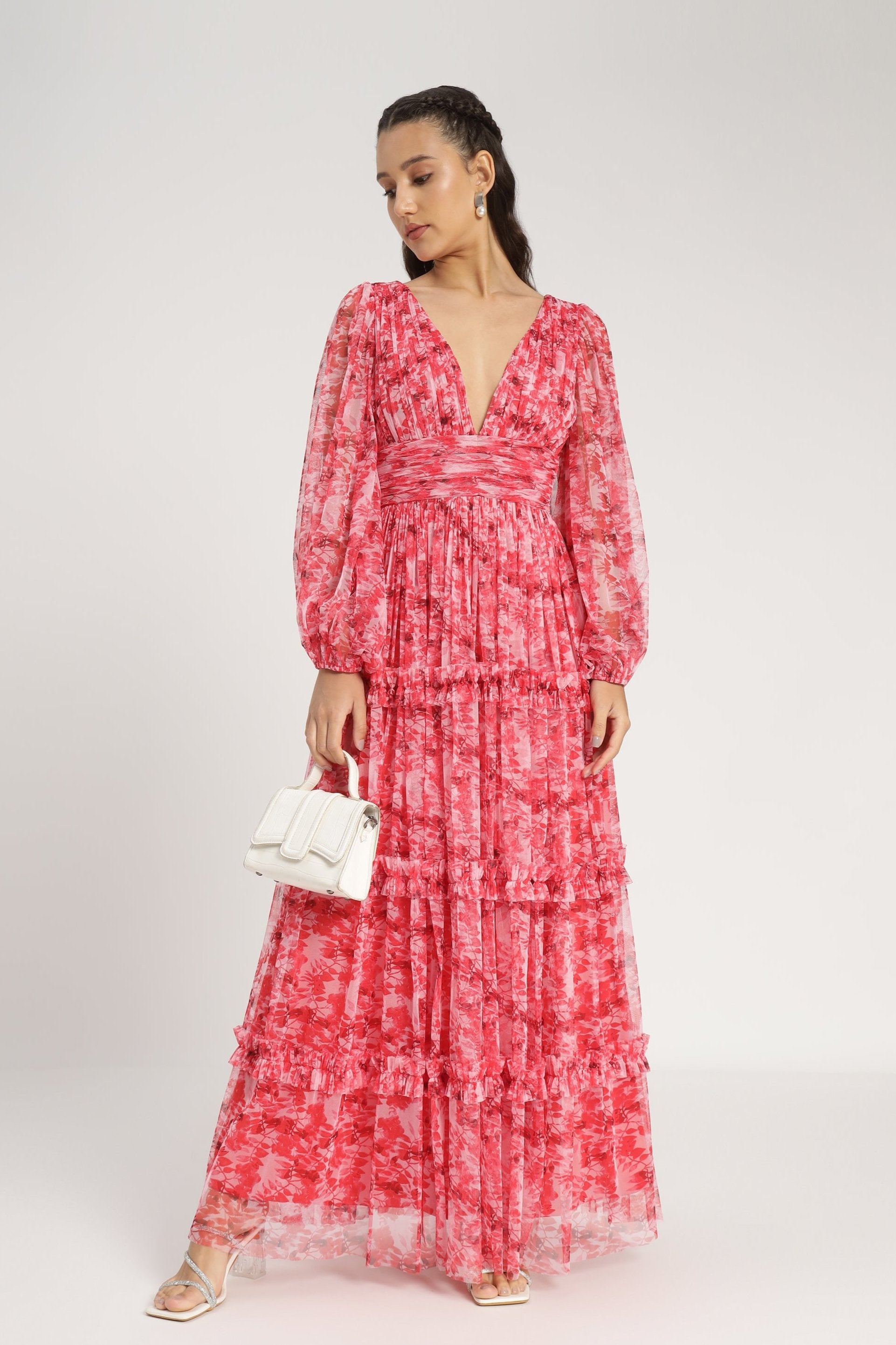 Lydia Women's Maxi Dress - Red Floral Print Long Summer Dress for Beach, Vacation & Casual Wear | Plus Size Options Available