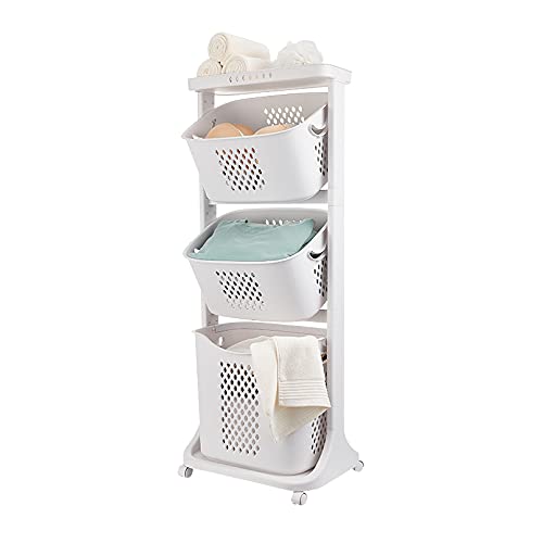 3-Tier Rolling Laundry Hamper with Wheels - Foldable Dirty Clothes Storage Basket for Bedroom, Bathroom & Laundry Room - White Fabric Hamper Stand Organizer for Home, Dorm or Apartment