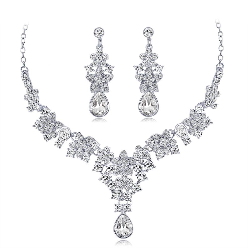 Elegant Floral Wedding Jewelry Set for Women - Crystal Teardrop Bridal Necklace & Dangle Earrings | Perfect for Bridal Showers, Weddings & Formal Occasions