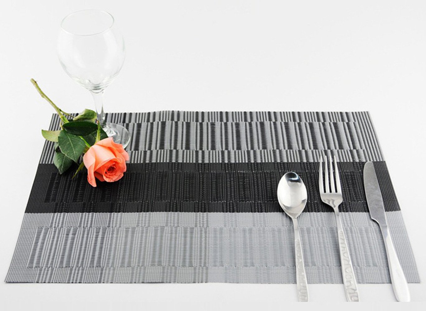 Premium PVC Placemats Set of 6 - Heat-Resistant Woven Vinyl Table Mats for Dining, Kitchen & Office - Stylish Grey & Black Home Decor Accessories - Perfect for Everyday Meals, Dinner Parties & Holiday Gatherings