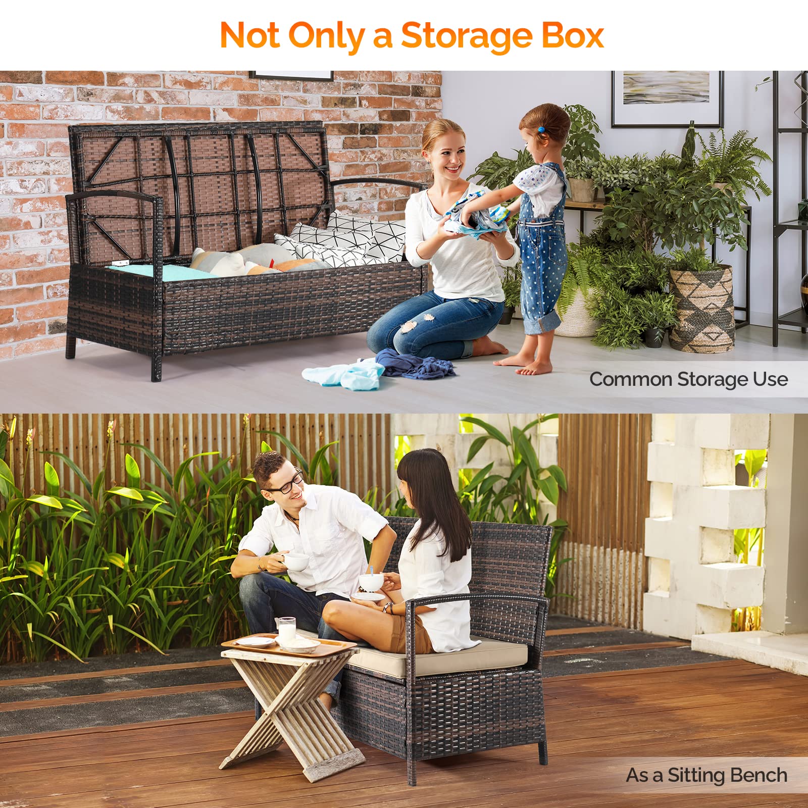 VINGLI 40 Gallon Outdoor Storage Bench with Cushion - Wicker Rattan Deck Box & Patio Sofa Bench for Porch, Yard, Garden - Weather-Resistant Brown Storage Solution for Outdoor Cushions, Pool Toys & Gardening Tools