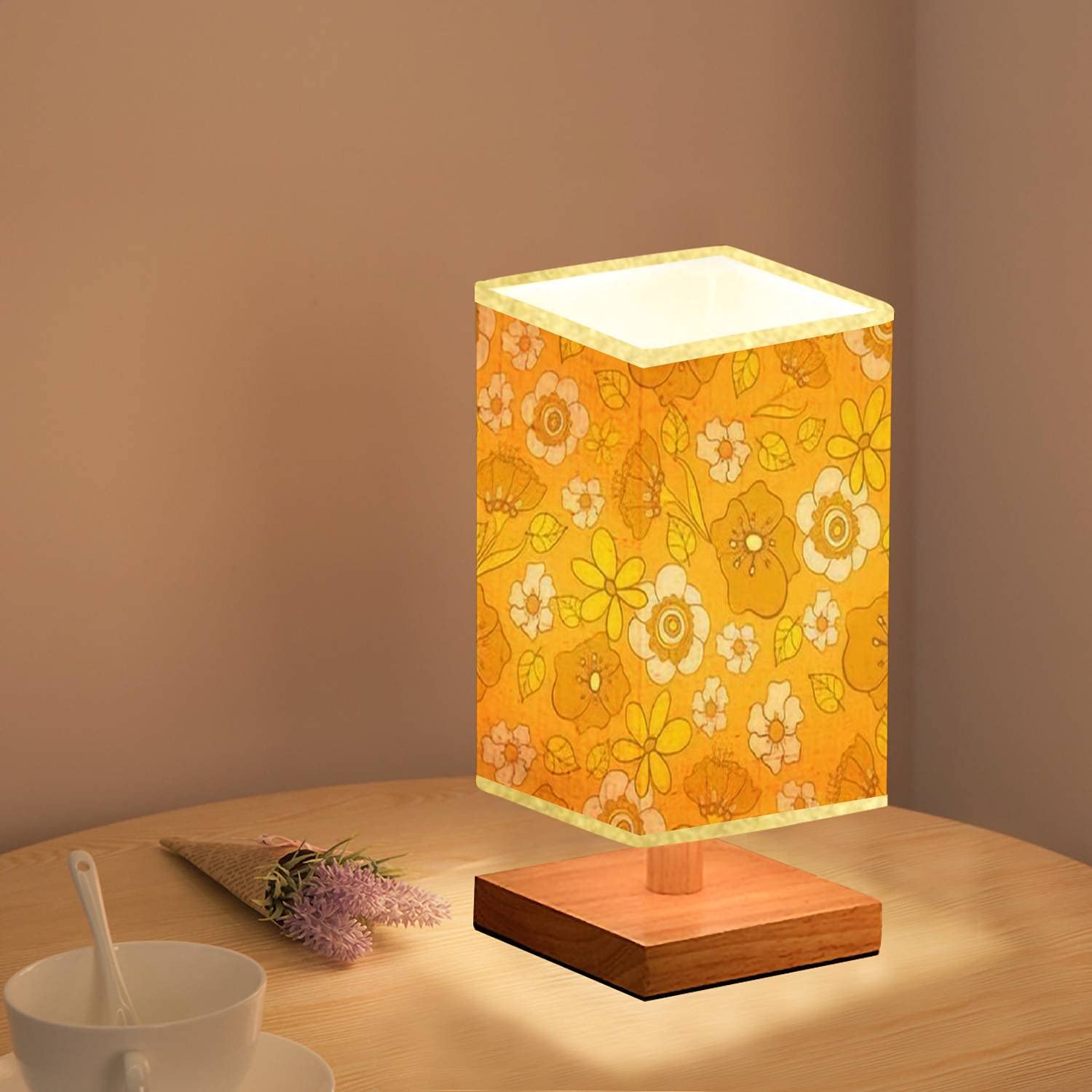 Vintage 70s Style Square Bedside Table Lamp with Wooden Base & Flaxen Fabric Shade - Dimmable Flower Pattern Desk Lamp for Bedroom & Living Room (5.5x10 Inches) - Perfect for Reading, Relaxing & Creating Cozy Atmosphere