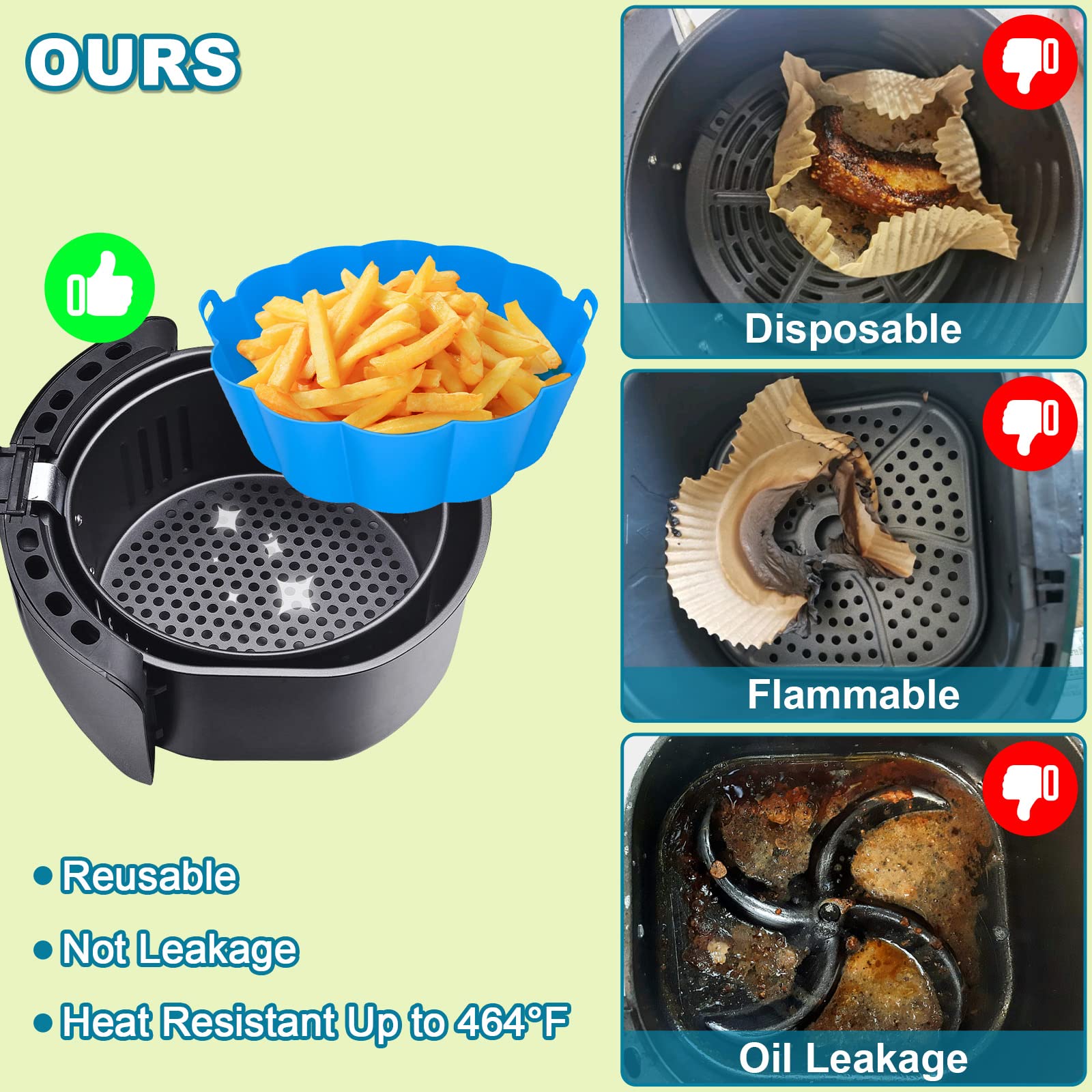 2 Pack Reusable Air Fryer Silicone Liners - Food Grade, Non-Stick, 8.5 Inch Round Inserts for 5-8 QT Air Fryer Baskets (Blue & Grey) - Perfect for Healthy Cooking, Easy Cleanup & Crispy Results