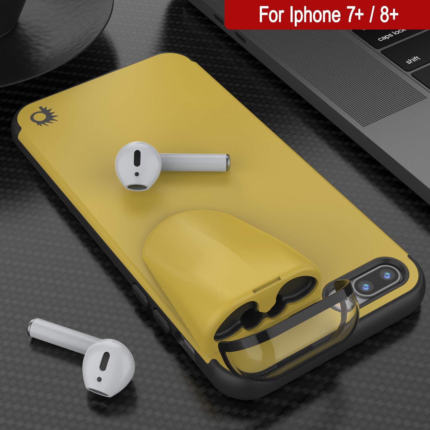 Punkcase iPhone 8 Plus Case with AirPods Holder - Slim & Durable 2-in-1 Protective Cover for iPhone 8 Plus (5.5 Inch) - Compatible with AirPods 1st & 2nd Generation - Yellow | Perfect for Gym, Travel & Everyday Use